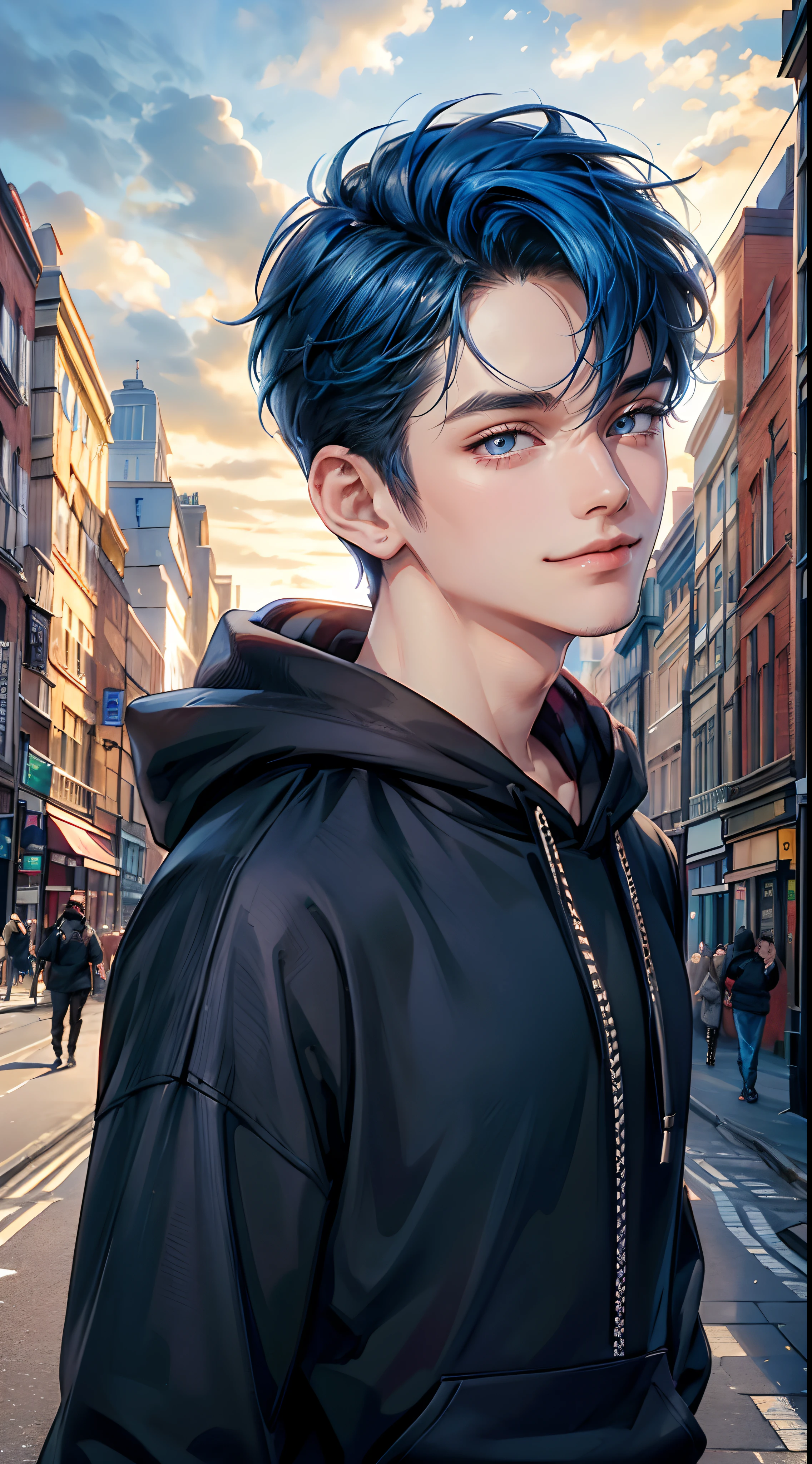 ((4K works))、​masterpiece、(top-quality)、One Beautiful Boy、Slim body、tall、((Attractive street style in black hoodie))、(Detailed beautiful eyes)、Fantastic British cities、Daytime city、((Walking through a city in the UK))、((Daytime bright sky))、((Cities in United Kingdom))、((Shot in UK citieid night、((Short-haired bright blue hair))、((Smaller face))、((White eyes))、((American adult male))、((Adult male 26 years old))、((Cool Men))、((Like a celebrity))、((Smile showing teeth and smiling))、((Korean Makeup))、((elongated and sharp eyes))、((boyish))、((Upper body photography))、((Happy dating))、Professional Photos、((Shot alone))、((Shot diagonally from the side))、((Shot in close proximity to him))、((He is walking next to the viewer))、((Focus zoom in))
