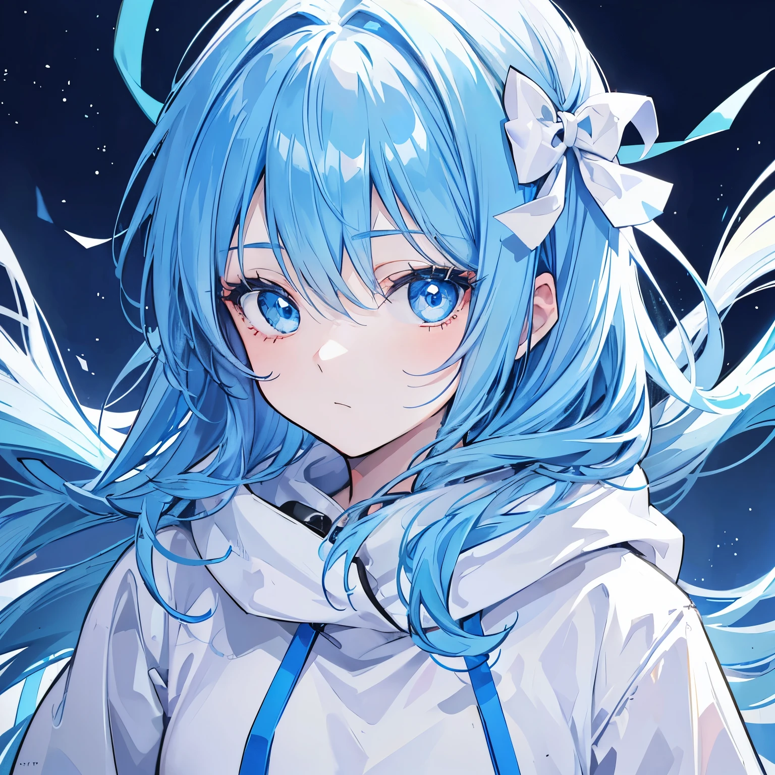 1girl, with light blue hair and blue eyes, wearing a hair ribbon and a blue and white hoodie. The scene is set in winter, with the girl looking directly at the viewer. This image can be used as a profile picture.