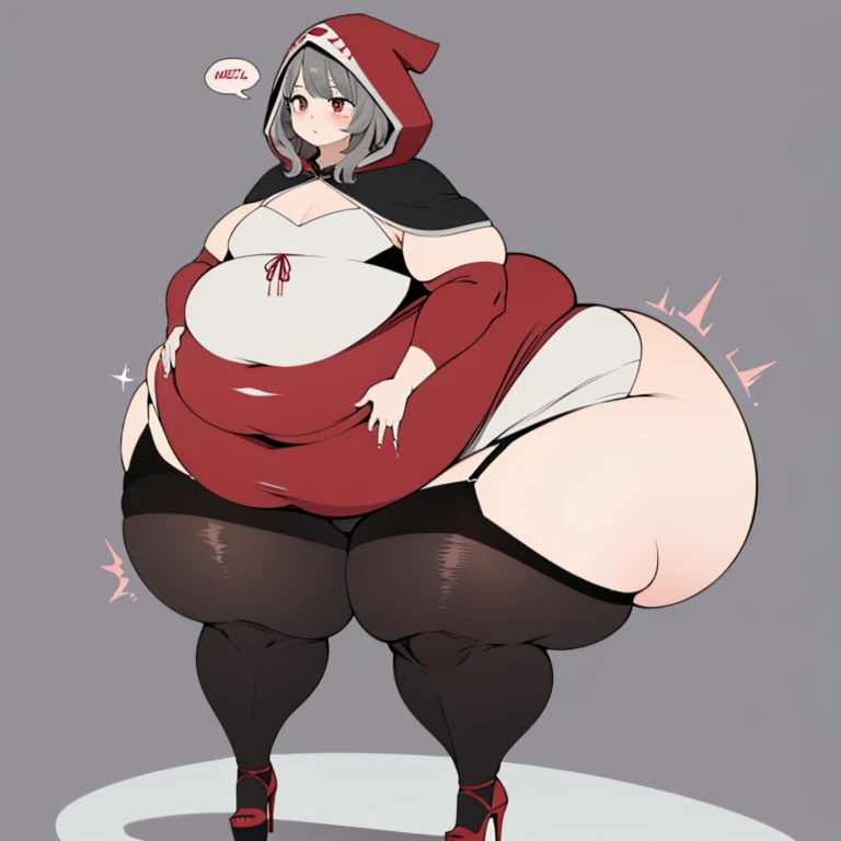 1girl, bottom-heavy figure, ((((incredibly big booty)))), ((((big ass)))), (((small chest))), plump, incredibly plump, (big belly), pout, embarassed, wide, (((obese))), (((fat))), ((love handles)), double chin, out of shape, obese, fatty, tall woman, ((milf)), big height, mature, standing, full body, bbw, ssbbw,sakamata chloe, grey hair, red eyes, red bikini, medium hair, hood, pantyhose, high heels