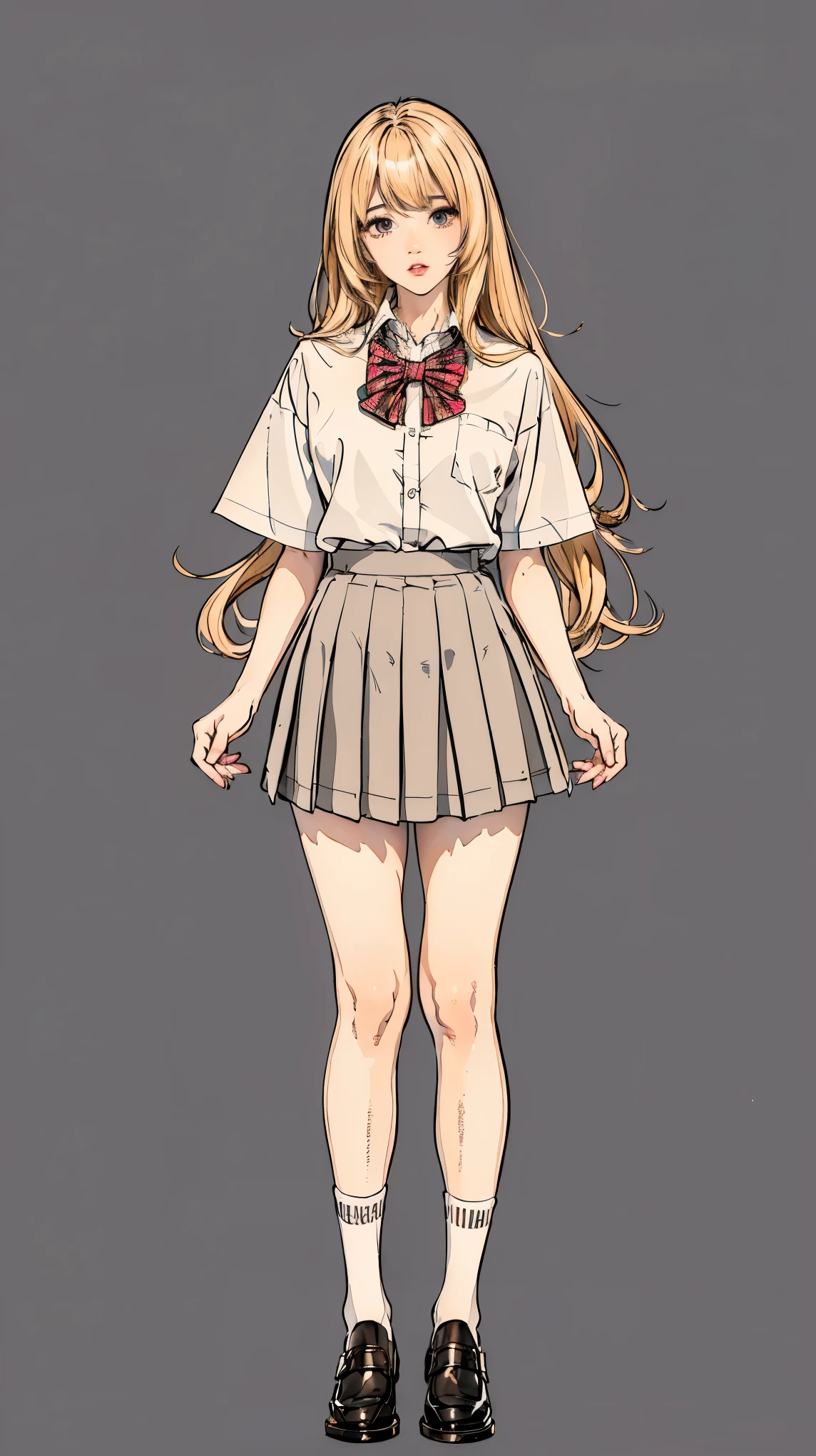 ((best quality,4k,highres,masterpiece:1.2)),((character concept art)), 1 female, age female, Gyaru high school girl, ((dyed brown or blonde long hair)), hair styled with lots of accessories, (tan skin colour), ultra finely detailed eyes (decorative contact lenses), fashionable, outgoing, socially active, slim body build, ((intricate detail)), super finely detailed hands, ultra finely detailed fingers(((ten fingers))), wwearing white short sleeves school shirt with bowtie, gray school skirt, knee-length school socks, and black school loafers, heavy makeup, (standing casually), (full body showcase), (show full body), (no logos on background), (no logo), ((plain background)), ((plain background)), (((empty background)))