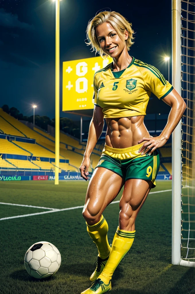 (best quality:1.5), (hyperrealistic:1.5), 35 year old muscular australian woman, messy short blonde haired, green eyed, fair skin, posing in a soccer stadium, lights on, at night, soaked in sweat, yellow soccer shirt, green soccer pants, yellow soccer socks, smiling, ripped abs