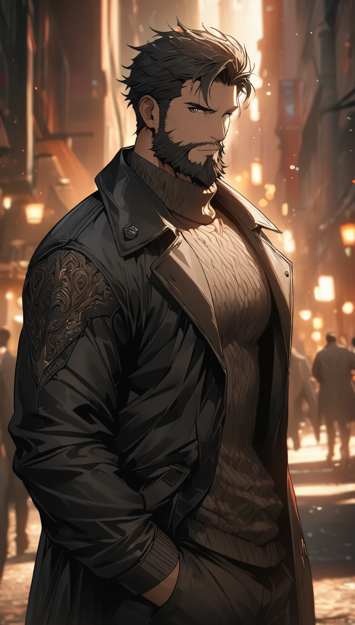 1 boy, Cowboy shots by re8dfield, beard, beard, black coat, turtleneck sweater, Volumetric lighting, best quality, masterpiece, intricate details, Tone mapping, sharp focus, Super detailed, Popular topics on ArtStation, looking at the audience, actual