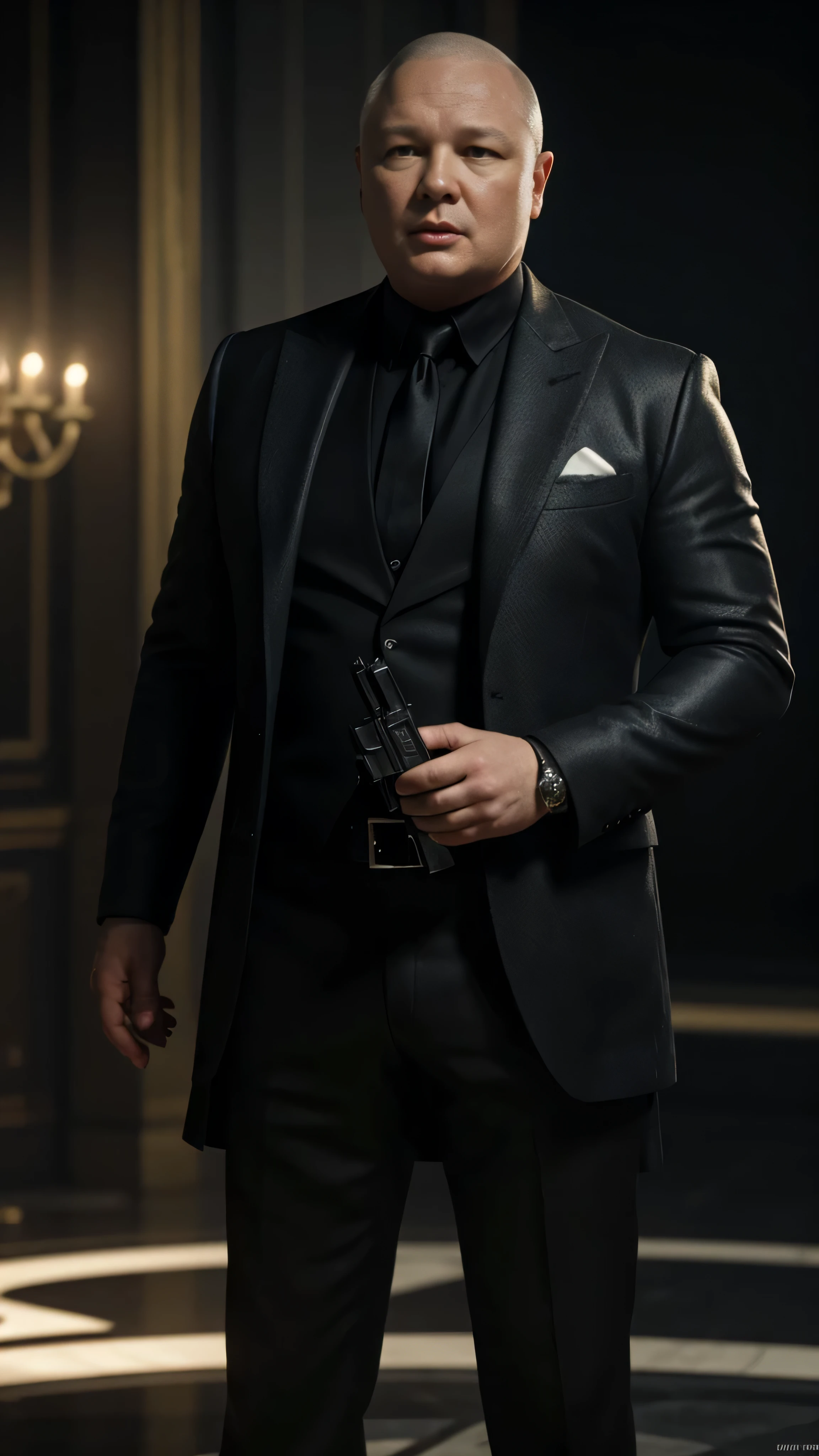 ((Conleth Hill)) as James Bond, spy, spy technologies, spy pistol, 1man, solo, (full body view), beautiful detailed glow, detailed, cinematic light, intricate detail, realistic, highres, detailed facial features, high detail, sharp focus, smooth, aesthetic, extremely detailed, stamp, octane render