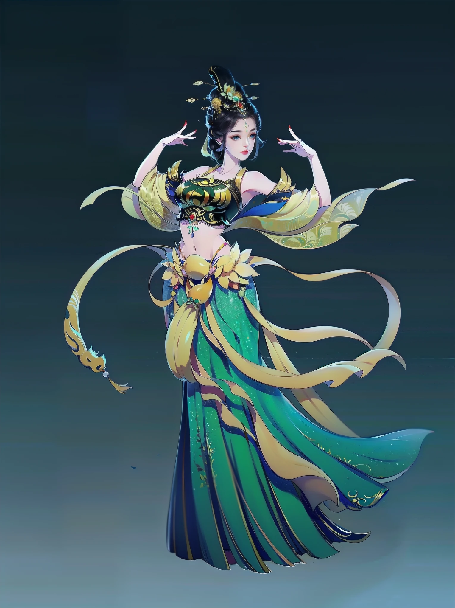 (masterpiece,super detailed,HD details,highly detailed art)1 girl,whole body,barefoot,Feitian,bare shoulders,Show belly,jewelry,xianxia,Gorgeous dance costumes,elegant,elegant,Highly detailed character designs from East Asia,Game character costume design,simple,ultra high resolution, sharp focus, epic work, masterpiece, (Very detailed CG unified 8k wallpaper),pretty face,beautiful eyes,HD details