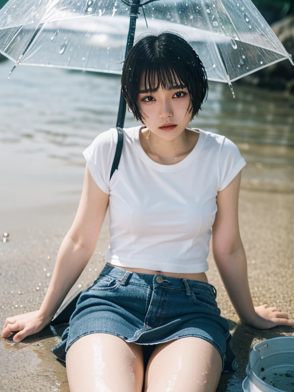 highest quality,Raw photo  , 19 year old Japanese female idol, navel focus,lying on the ground,T-shirt, mini skirt,short hair, bowl cut ,cute face  ,edgy,droop ,murky water , overflowing  ,Wet ,Self snap, on the beach, rain,night, 