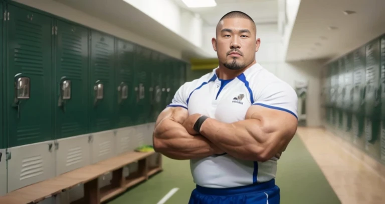 (rugby uniform:1.4), (at club locker room:1.4), 40's, Japanese man, Chinese man, Korean man, Taiwanese man, manly face, fat face, (round face:1.4), (monolid eyes:1.2), (buzz cut:1.6), very large and strong body, bulky body, beefy muscles, (bulging muscles:1.4), (very large pectoral muscles:1.4), bulky chest, (muscular arms:1.4), muscular abs, muscular legs, muscular back, brightens oily skin, master piece, (realistic:1.4), panorama, distant view