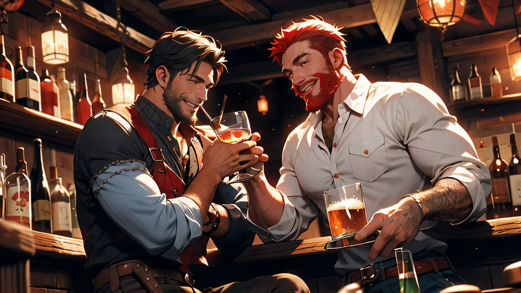 A black haired young man, aged 20, with a clean-shaven face, wearing a tattered white fisherman shirt, with a red-haired 40 something year old drinking together at the bar and laughing, medieval fantasy atmosphere