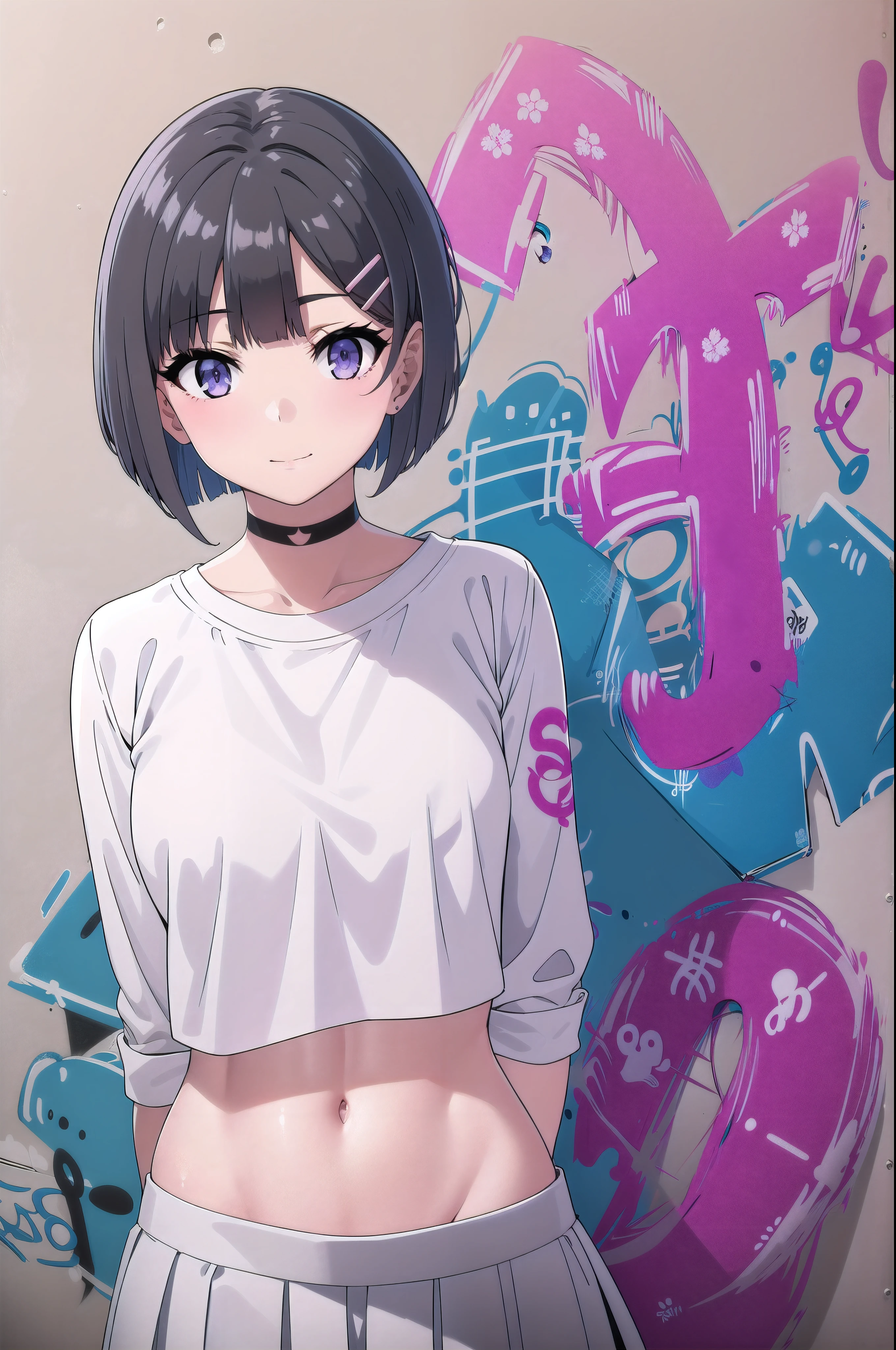 masterpiece, best quality, 1girl, solo, hair ornament, (purple eyes:1.1), hairclip, rabbit hair ornament, stylish crop top, smile, vibrant short grey hair, bobhair, short-hair, short bob hair, (((bobcut))), bob haircut, very short bob cut, lip length hair, blunt ends, (sciled bob), buzzed nape ((haircut:1.3)), undercut, bobbed hair, minibob, sidecut, shaved, graduation bob, straight short hair, short hair above the ears, Shot diagonally from the side, elegant braid, soft bangs, upper body, alluring choker, (graffiti:1.5), artistic paint splatter, seductive arms behind back, leaning against wall, exposed back, fashionable armband, urban hiphop style, flirty skirt, playful head tilt, intense expression, warm orange, dynamic asymmetrical design, bold geometric shapes, creative street art