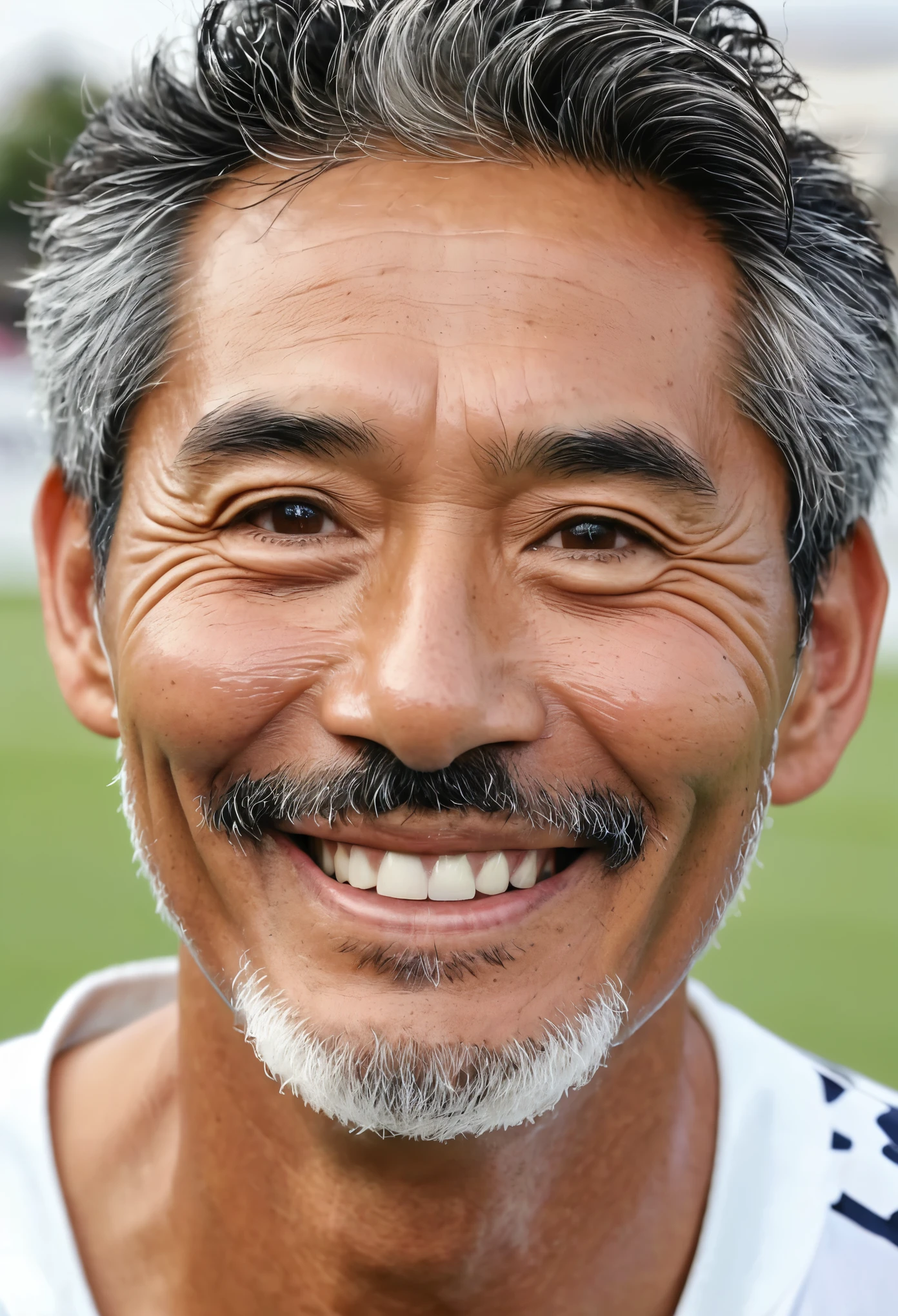 Haz a un hombre con mejillas grandes, gran sonrisa, ojos redondos, pelo rizado corto en la cabeza, no tiene vello facial, de tez blanca, 50 years old, regordete, vestido de japones con el paisaje de el mundial de futbol