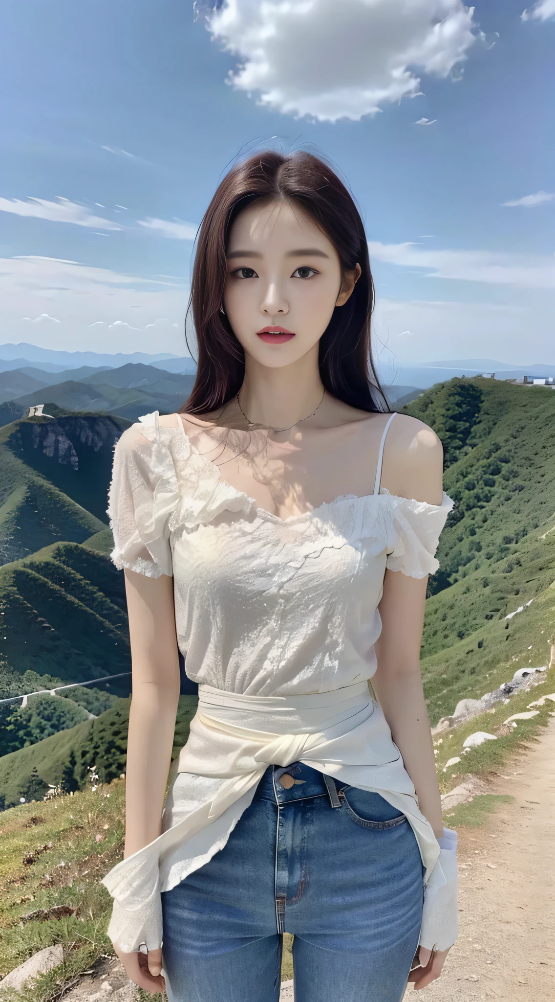 korean woman, (masterpiece, Beautiful people, natural grace), Virtual YouTube, Standing on a mountain peak, Looking into the distance, Purple T-shirt, White sandcoat, jeans, Delicate skin texture, Detailed cloth texture, Exquisite and delicate face, masterpiece, clavicle, slim waist, slim.