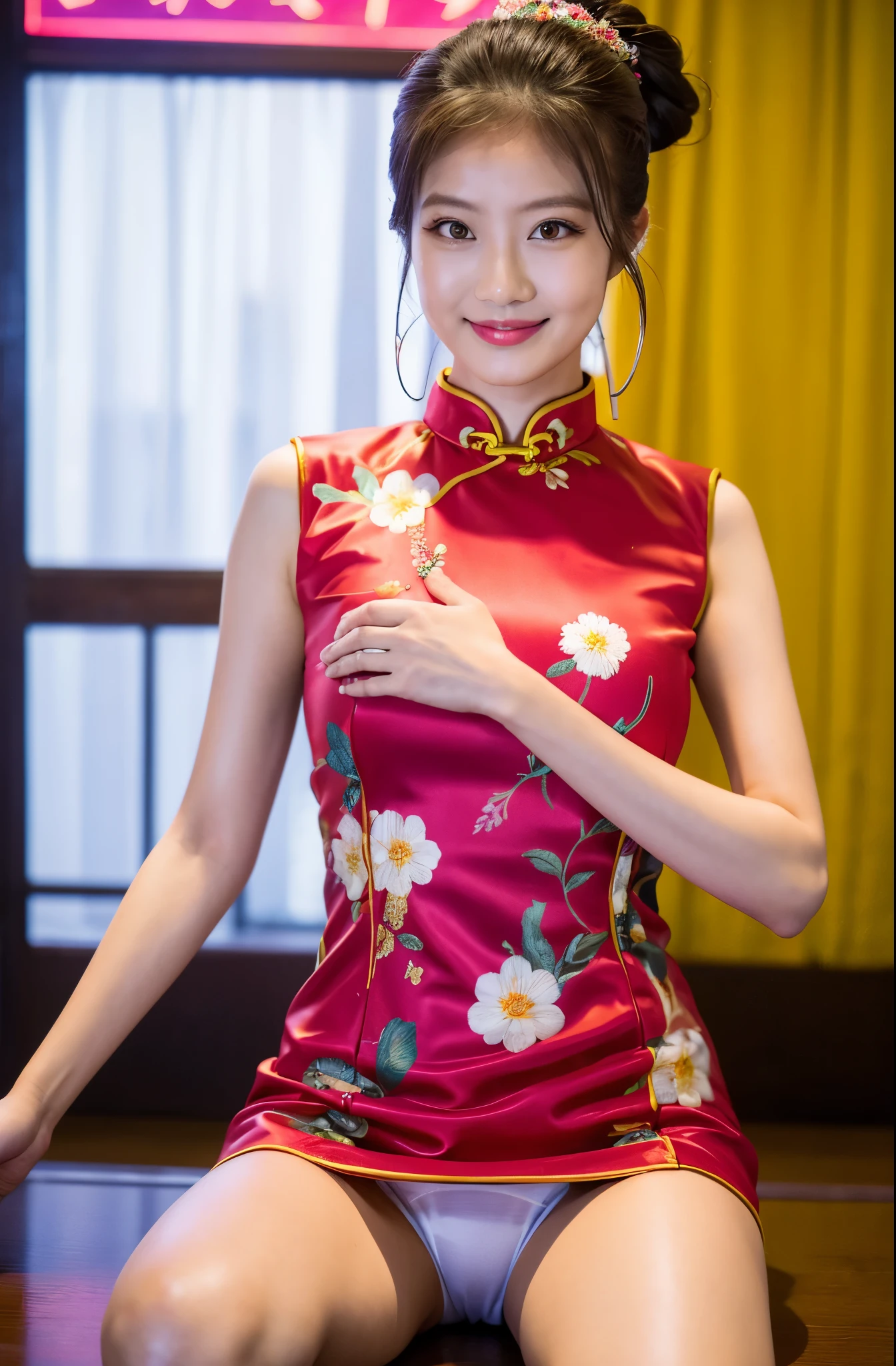 (highest quality、8K、masterpiece、nffsw:1.2)、19-year-old slender beauty,Flashy makeup with red eyeshadow,mouth wide open、Yo-ho、double eyelid,delicate mid-cut ponytail,squatting down、spread legs, show white panties,Her white panties are clearly visible、sexy cheongsam and silk miniskirt,best smile,She is wearing a sexy short colorful cheongsam。。,Chinese dress with deep slit,draw hands correctly,The background is the bright interior of a Chinese restaurant...,