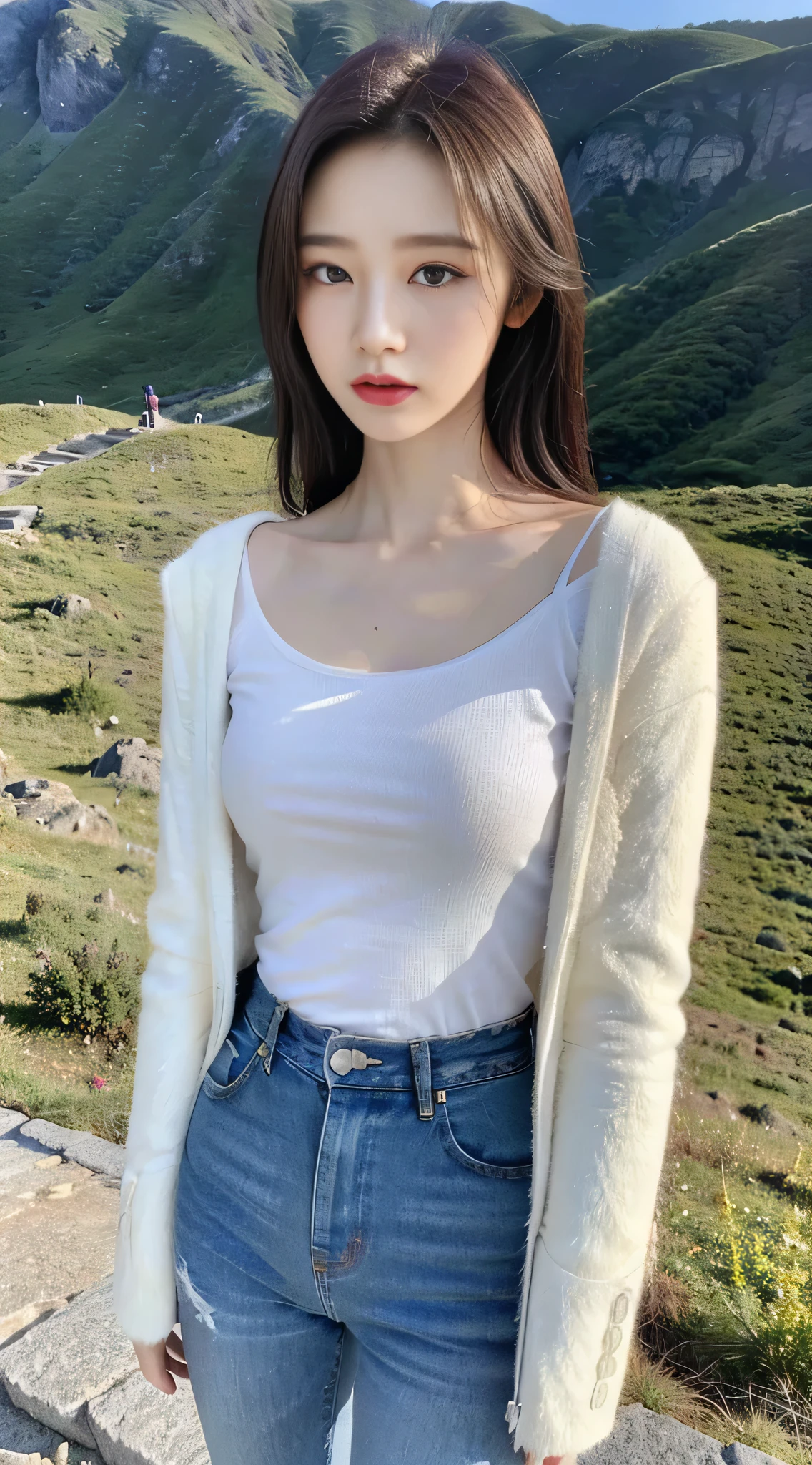 korean woman, (masterpiece, Beautiful people, natural grace), Virtual YouTube, Standing on a mountain peak, Looking into the distance, Purple T-shirt, White sandcoat, jeans, Delicate skin texture, Detailed cloth texture, Exquisite and delicate face, masterpiece, clavicle, slim waist, slim.