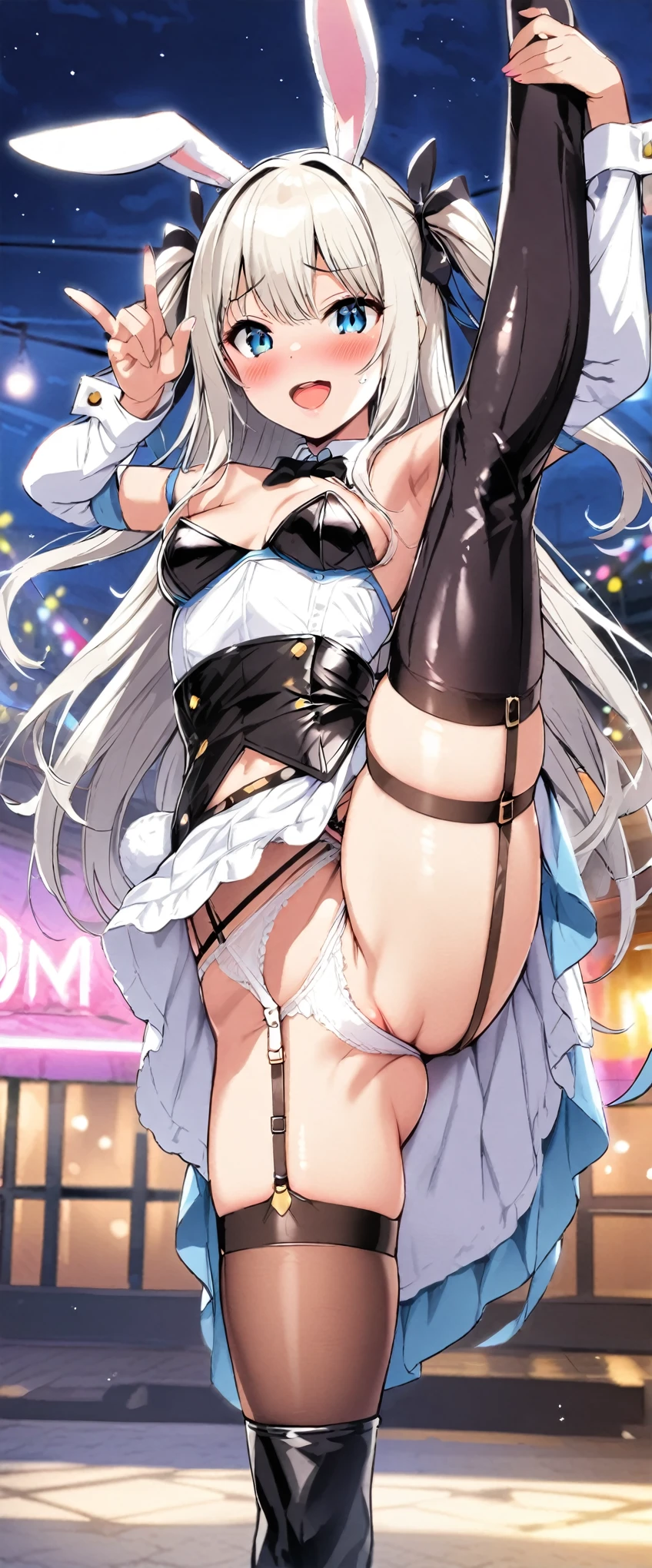 woman,20-year-old,,party venue,night,(((white bunny girl))),open mouth smile((leather thigh high boots))(garter belt),,blush、,((raise one leg))()