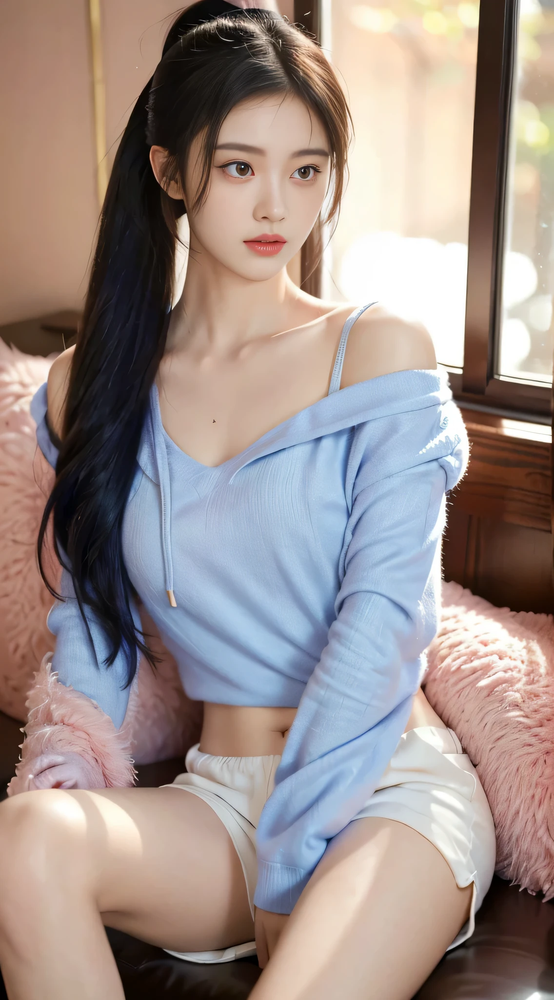 (8K, original photo, best quality, masterpiece), (actual, photo-actual:1.2), Super detailed, 1 girl, Lovely, alone, beautiful detailed sky, Detail of cafe, night, sitting, Dating, dose blush, Keep your mouth shut, beautiful and delicate eyes, wearing a hoodie, dolphin shorts, medium build, flowing hair, long blue hair, girl, feminine, pink eyes, Ultra-fine details, Complex scenes, ambient light, soft light, elegant, symmetrical facial features, precise anatomy, anatomically correct girl, landscape, gossamer, ethereal, whole body, ponytail, Moderate, Moderate, Sensible, big breasts,