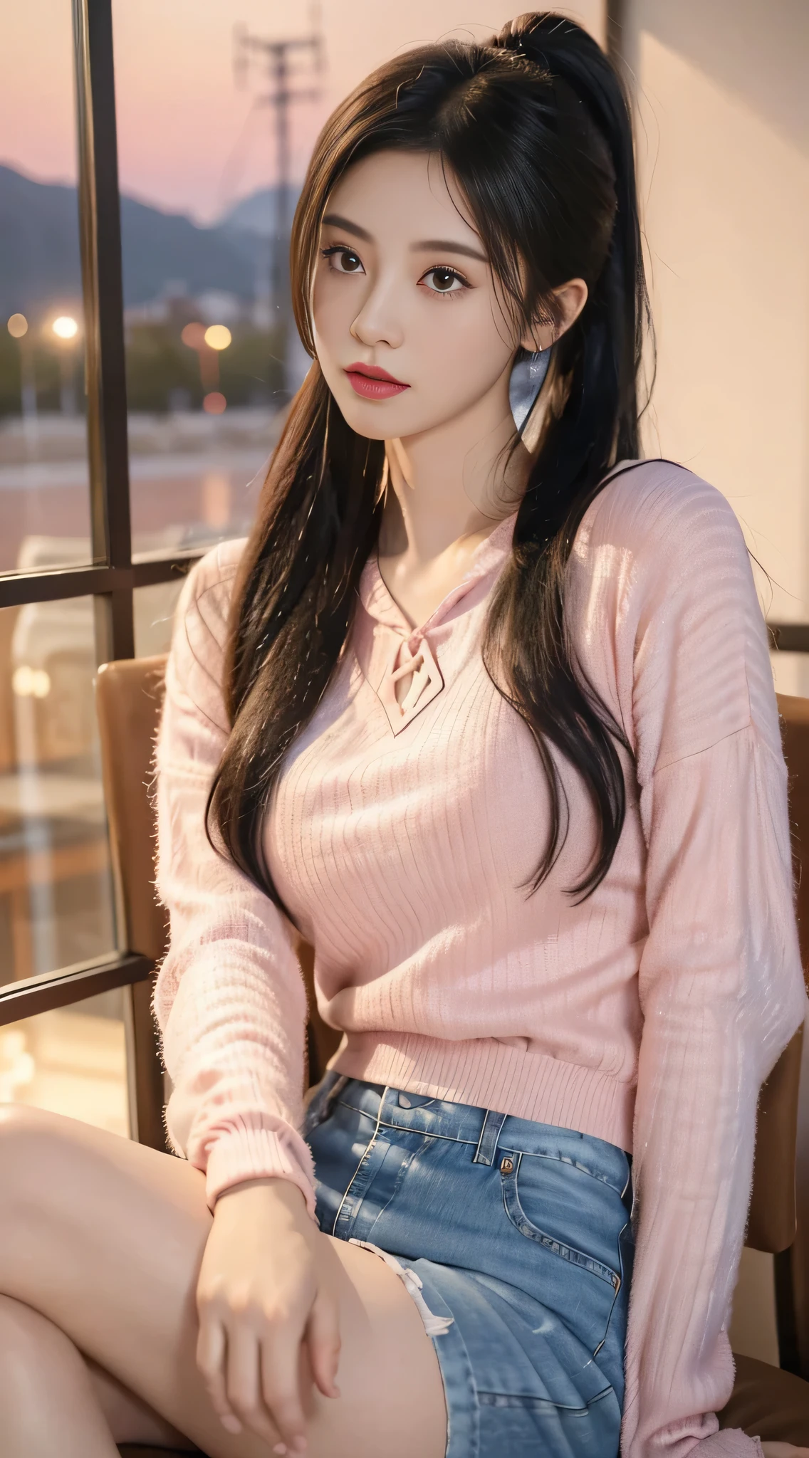 (8K, original photo, best quality, masterpiece), (actual, photo-actual:1.2), Super detailed, 1 girl, Lovely, alone, beautiful detailed sky, Detail of cafe, night, sitting, Dating, dose blush, Keep your mouth shut, beautiful and delicate eyes, wearing a hoodie, dolphin shorts, medium build, flowing hair, long blue hair, girl, feminine, pink eyes, Ultra-fine details, Complex scenes, ambient light, soft light, elegant, symmetrical facial features, precise anatomy, anatomically correct girl, landscape, gossamer, ethereal, whole body, ponytail, Moderate, Moderate, Sensible, big breasts,