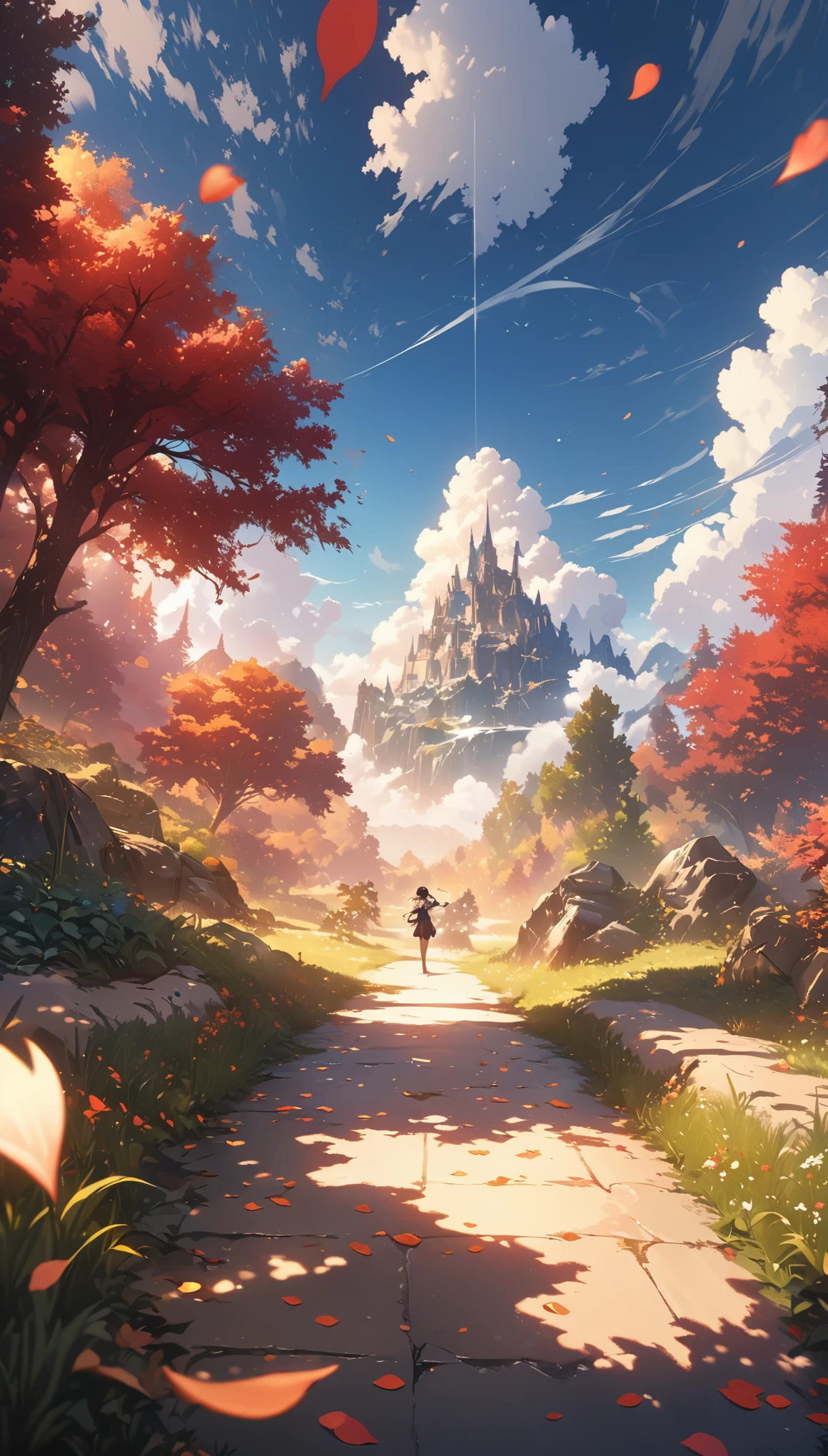 masterpiece, best quality, (Highly detailed CG Unity 8k wallpaper) (best quality), (Best Illustration), (best shadow) nature&#39;, Sky, cloud, Delicate leaf petals are falling in the air and tracking, Super detailed--v6 