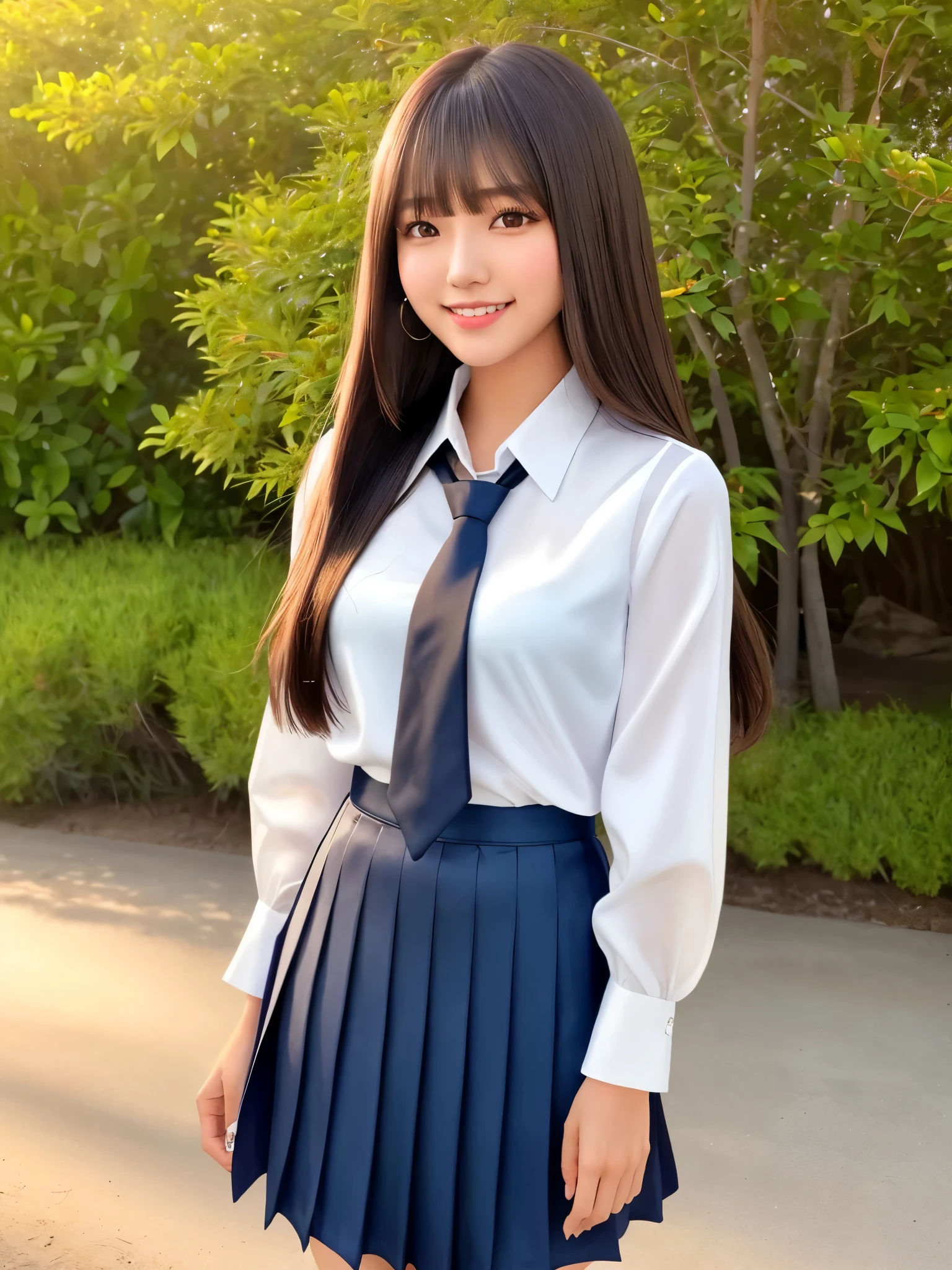 product quality, 1girl, upper body shot, front view, a Japanese young pretty girl, long bob hair, standing with a big smile in a seaside park in the midnight, glamorous figure, wearing a white collared shiny satin shirt of long sleeves, shiny satin dark blue plain long tie, dark blue pleated long skirt, school bag over her shoulder, hyper cute face, glossy lips, double eyelids in both eyes, natural makeup, long eyelashes, shiny smooth light brown long bob hair, asymmetrical bangs, a tanned skin, central image, high resolution, high detail, detailed hairstyle, detailed face, spectacular cinematic lighting, octane rendering, vibrant, hyper realistic, perfect limbs, perfect anatomy