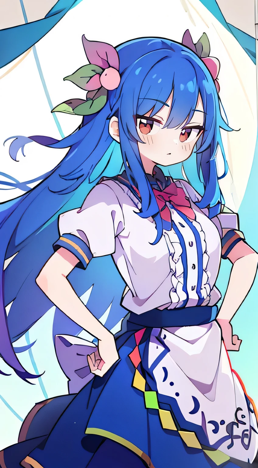 (masterpiece),best quality, expressive eyes, perfect face, 1girl,
Big breasts, H cup, Good breasts, Put your hands on your waist,fair, Gorgeous,Japanese cartoons,girl,lola,Hina Angel, blue hair, blue haired,tent , tent chest, tent breast, floating clothes,Grab your waist, Grab your waist, hands on hips , hands on hips，flat chest，Bad milk，Nagiko Fujisaki，blue hairs，long, straight hair，long hair，red eye ,