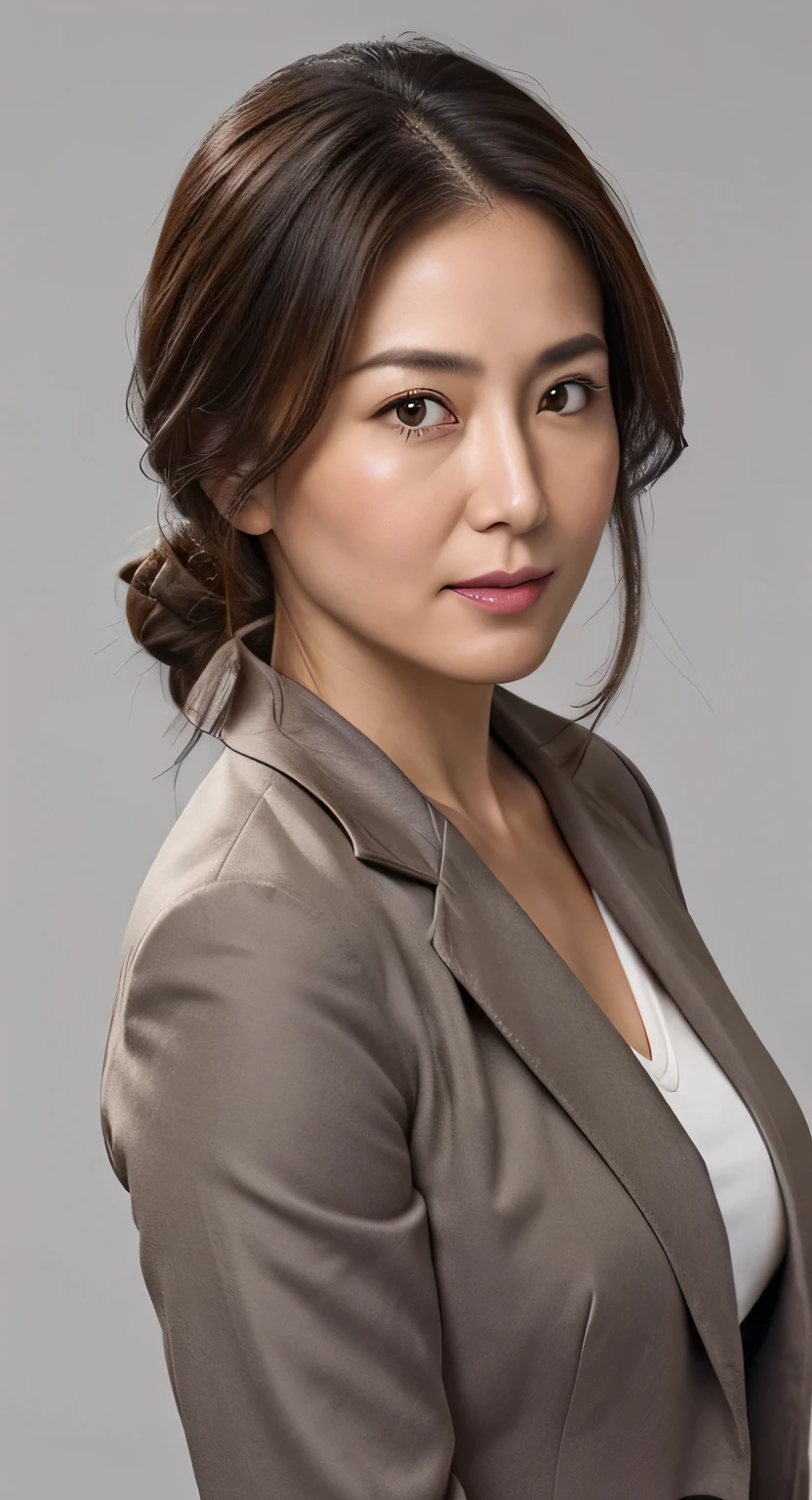 High resolution, High level image quality, high detail, masterpiece, rough skin, anatomically correct, sharp, gray background((japanese mature, 35 years old)), alone, ((facial wrinkles)), good shape big breasts, Straight light brown hair that reaches to the shoulders, Chubby body type (((stand upright, Face forward in the center of the screen.))), Close your mouth and look straight ahead with a serious face, Summer business wear, Jacket, ((cowboy shot)),