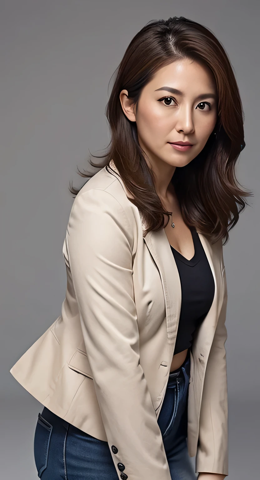 High resolution, High level image quality, high detail, masterpiece, rough skin, anatomically correct, sharp, gray background((japanese mature, 35 years old)), alone, ((facial wrinkles)), good shape big breasts, Straight light brown hair that reaches to the shoulders, Chubby body type (((stand upright, Face forward in the center of the screen.))), Close your mouth and look straight ahead with a serious face, Summer business wear, Jacket, ((cowboy shot)),