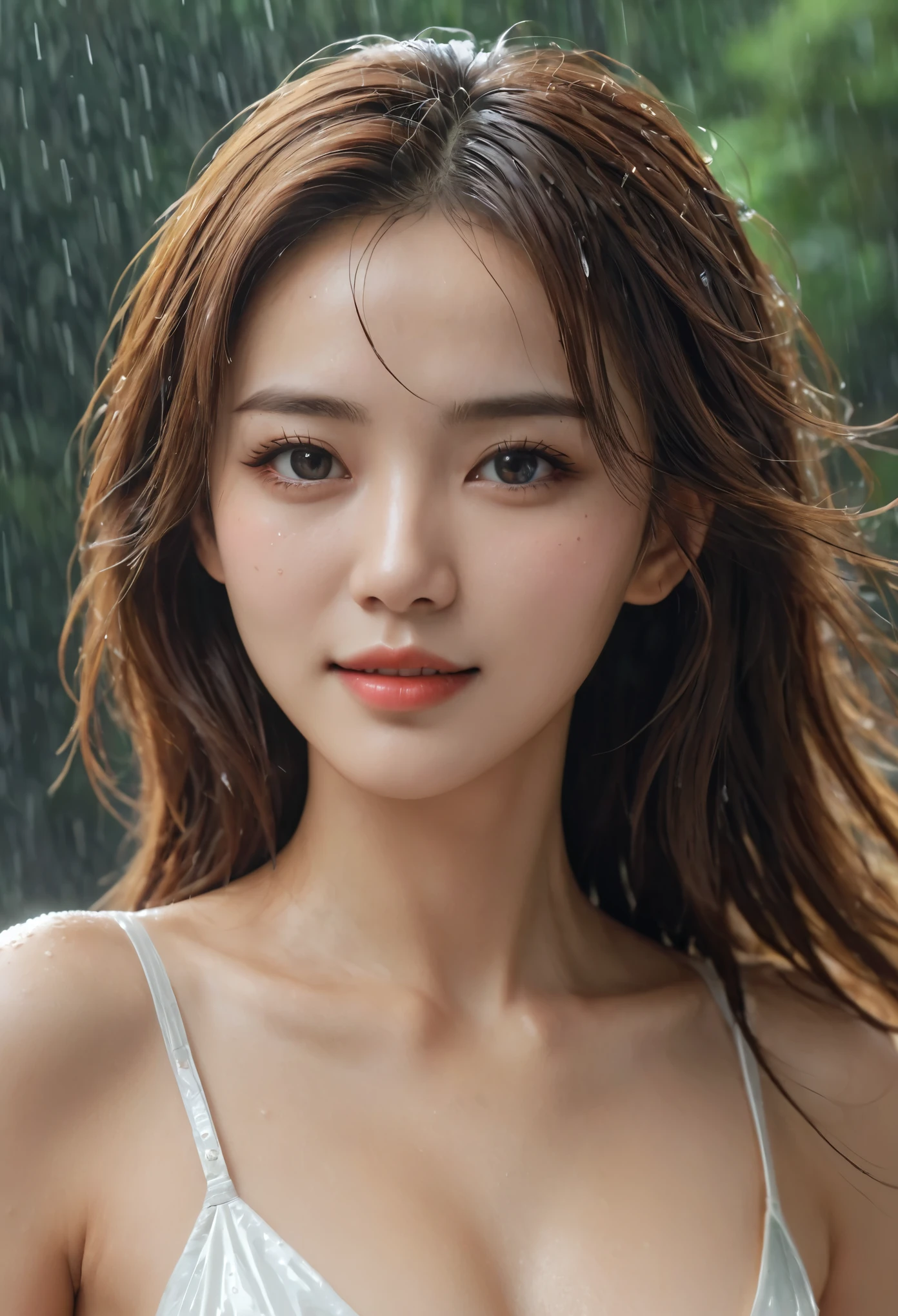 ((best quality, 8 thousand, masterpiece:1.3)), Concentrate upon: 1.2, perfect body beauty: 1.4, hip: 1.2, ((layered haircut, chest: 1.2)), (wet clothes: 1.1), (rain, distance:1.3), bandeau dress: 1.1, Highly detailed face and skin texture, good eyes, double eyelid, Whitening skin, long hair, (shut up: 1.3), laugh, whole body, 