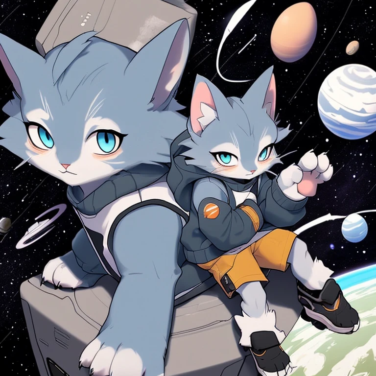 A furry humanoid blue cat. He wears a gray sweater with a paw logo, he also wears brown shorts and doesn't wear any type of shoes, just his paws showing . The character is in space and close to a planet