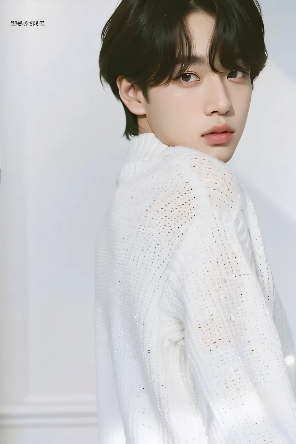 a closeup of a person wearing a white sweater and a black tie, escaneo de revista, escaneo de alta calidad, jungkook, mega scans, uescaneo de alta calidad, kim doyoung, por Tadashi Nakayama, foto de revista, handsome young prince, park Jimin, Jimin, kim taejin, yoongi de pelo negro, jinyoung shin, young pale angel, hyung tae