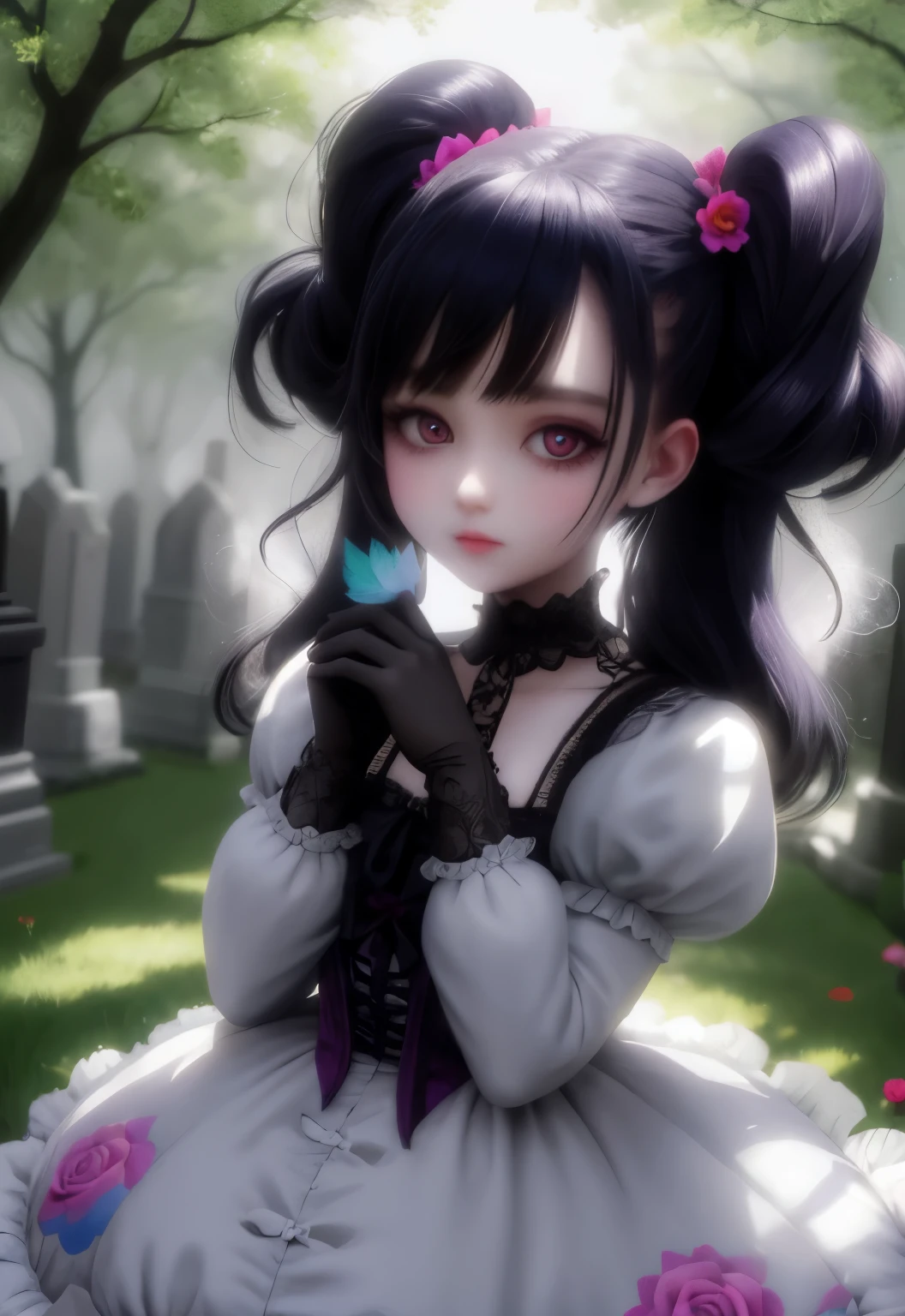 Goth girl in a graveyard with flowers, foggy, puffy, puffy cheeks, cute,
vibrant colors, colorful art style,
soft lighting, soft shadows, detailed textures, dynamic lighting,
nice hands, perfect hands,
