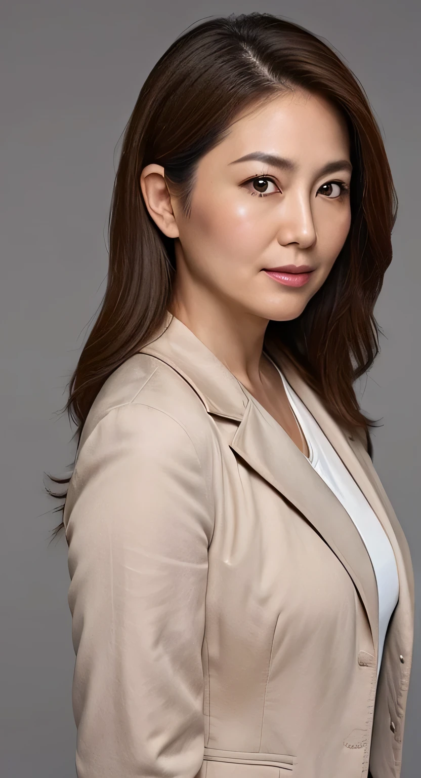 High resolution, High level image quality, high detail, masterpiece, rough skin, anatomically correct, sharp, gray background((japanese mature, 45 years old)), alone, ((facial wrinkles)), good shape big breasts, Straight light brown hair that reaches to the shoulders, Chubby body type (((stand upright, Face forward in the center of the screen.))), Close your mouth and look straight ahead with a serious face, Summer business wear, Jacket, ((cowboy shot)),