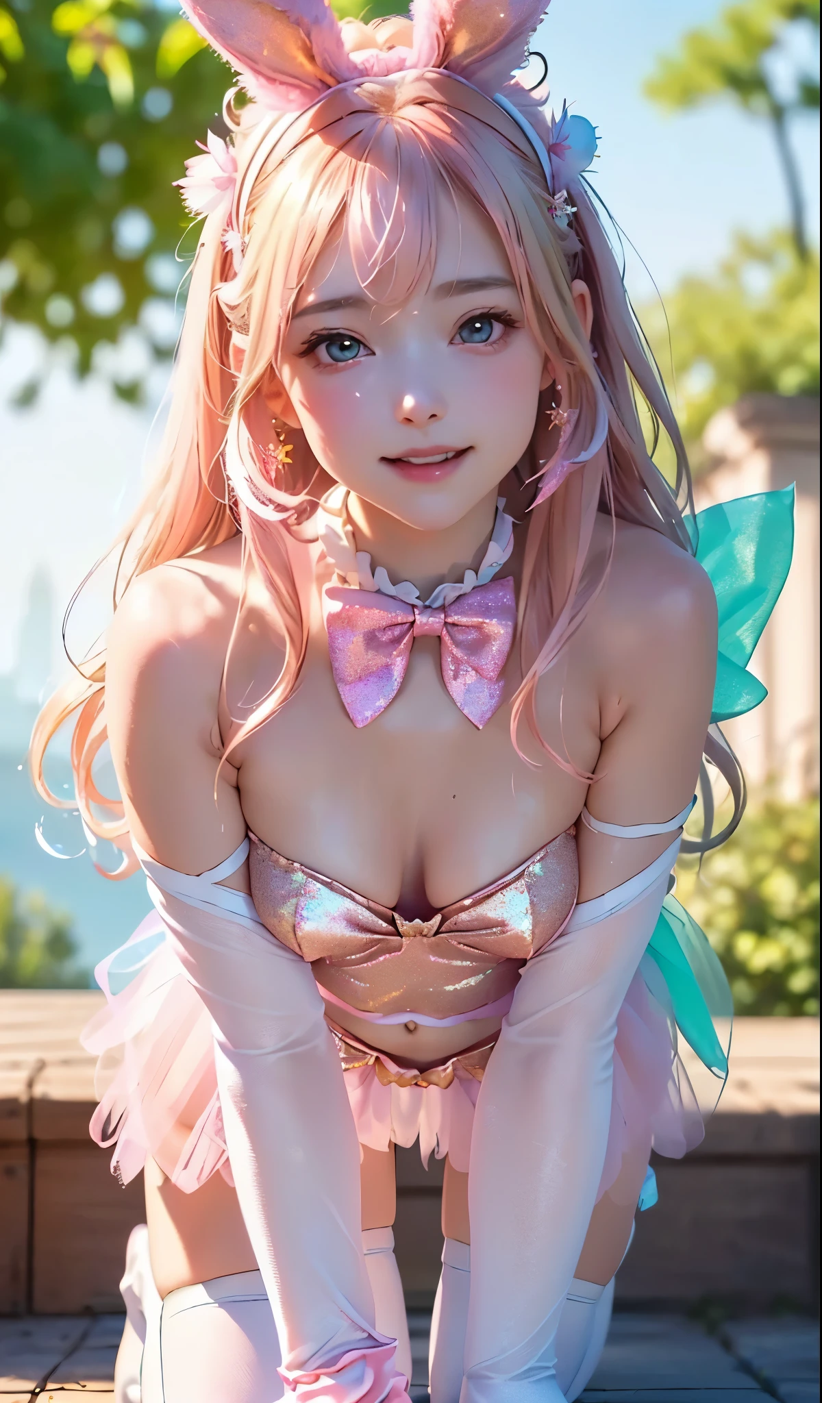 masterpiece, best quality, extremely detailed CG unity 8k wallpaper, (Upper Body head close-up shot of a beautiful little girl), Wendy, Elegant Long straight blonde hair, (Mckenna Grace), ((flat chest,thighs)), ((pink-Cyan)) golden ((Glittering tutu,long Bunny Ear Headgear, glove, Bow-tie, zettai ryouiki)), ((Kneel,all fours,from below)), (Blush), oil skin, (seductive smile), (Wonderland), pretty face, key art, award winning, intricate detail realism hdr, by (ruan jia and artgerm and range murata), Photorealism, Hyperrealism, ultra realistic, dramatic light, intense shadows, gorgeous view, depth of field
 
