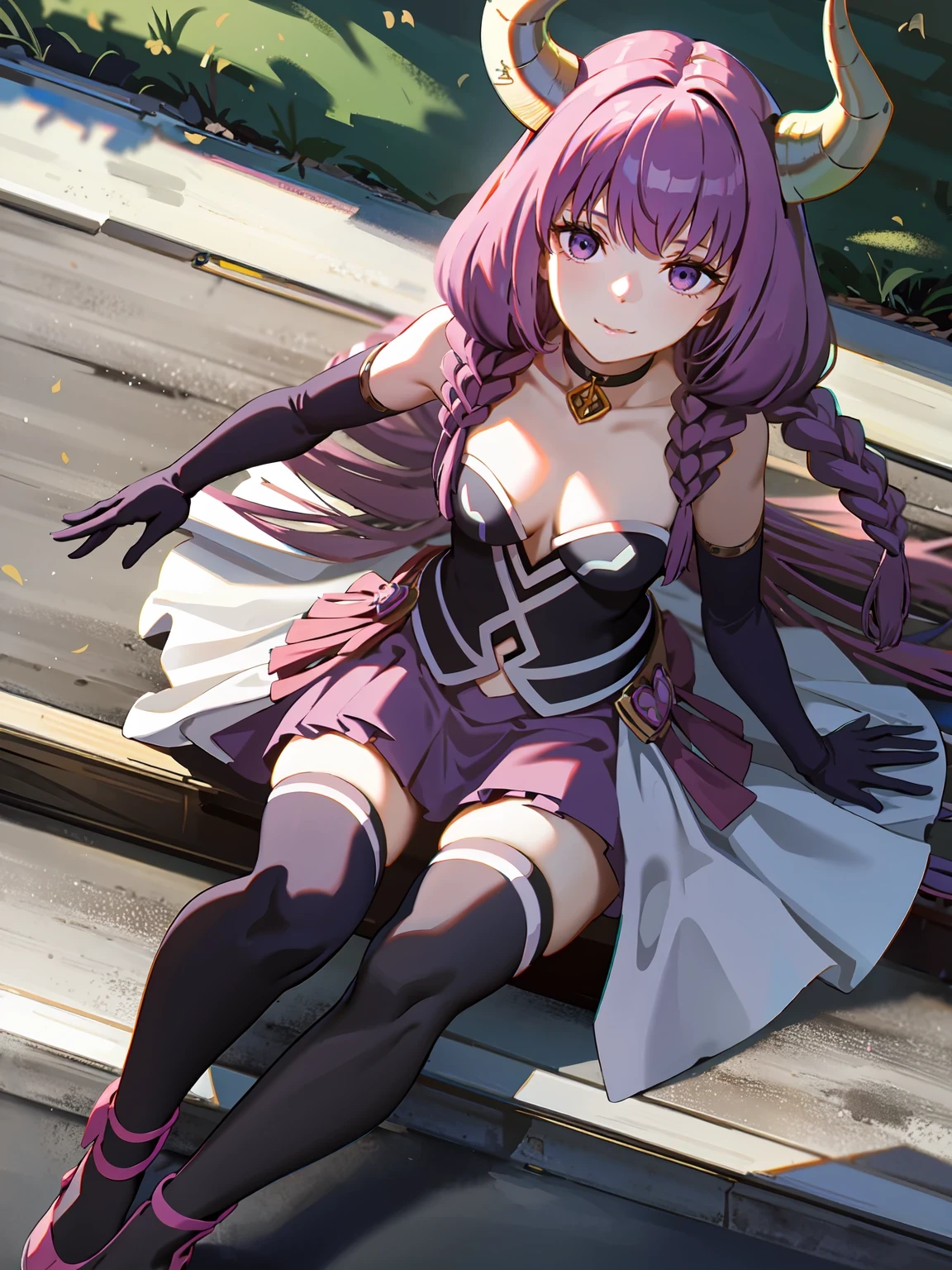 1girl,solo,aura the guillotine, long hair, (purple eyes:1.1), purple hair, braid, horns, twin braids,skirt, thighhighs, gloves, choker, black gloves, elbow gloves,