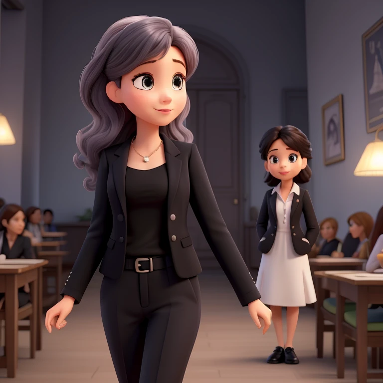 Créez une image inspirée de Disney Pixar d&#39;une femme heureuse de 30 ans, Tourismelogue, dans ton bureau, assis sur une chaise noire à une table.  elle est blanche, a les yeux bruns et les cheveux raides avec de longues mèches brunes et une frange balayée vers la gauche.  Elle porte un ensemble noir avec un pantalon moulant, une chemise noire et un blazer blanc., talons hauts noirs. Tourist signs in the background.