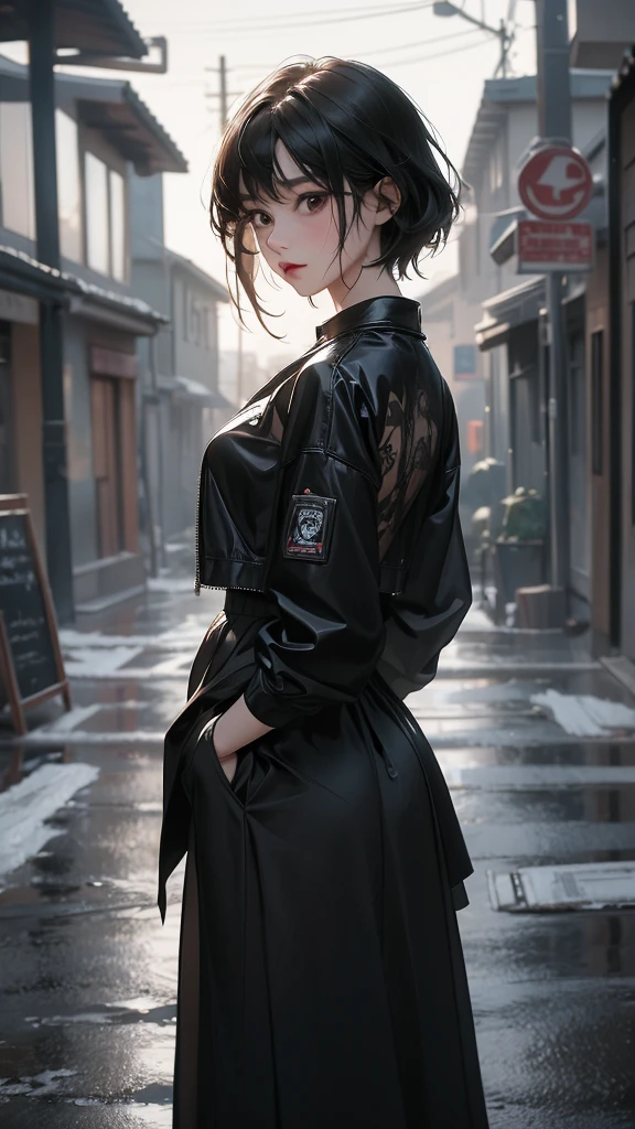 ((Highly detailed CG unit 8k wallpaper, masterpiece, High resolution, highest quality, highest qualityのリアルテクスチャスキン)), ((Hands in pockets pose:1.5, Fashion model posing with her back turned:1.2, A cool NY fashion girl influenced by nostalgic and inorganic mode fashion., detailed costume:1.2, Black complex lace layered maxi skirt and rider jacket combination:1.3, Monotone fashion, short hair, Nana Komatsu)), ((blurred background:1.2, An empty back alley with black and white graffiti art, Rain-soaked road surface)), ((Angle from above:1.3, Fisheye Shot:1.5)), digital painting, concept art,