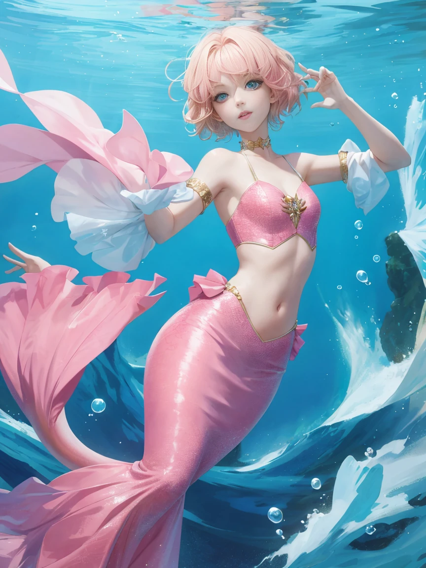 chibi, Blind box style, realistic PVC texture, Cute little mermaid, A white coat, Pink tail, There are pearl and coral hair ornaments on the head, White and pink gradient hair, The wind blows the hair, Pink eyes, Exquisite facial features, Float in the water, There are corals in the water, Flowers, algae, Pearl, Purple and pink tones, The colors are charming, Bright colourful, Holding a large pearl in his hand, White pearls, The surroundings are bubbles, Whole body, Smile, Cute animations, The color matching of advanced sense, Epic light and shadow, Natural light, Fairy tale lighting, pop mart, Oc rendering, Super delicate, super detailed, Super HD, 3d, Super detail