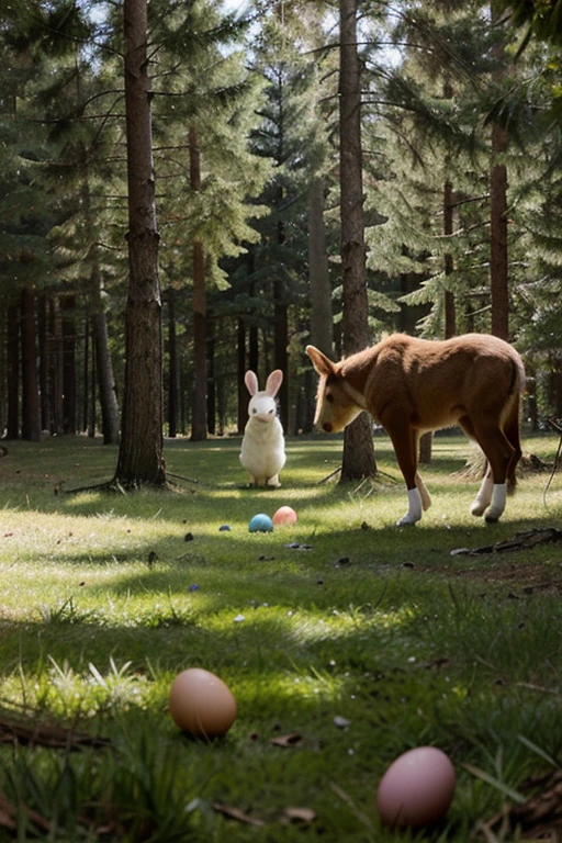 create an outline illustration image for A group of animals having an Easter egg hunt in the forest