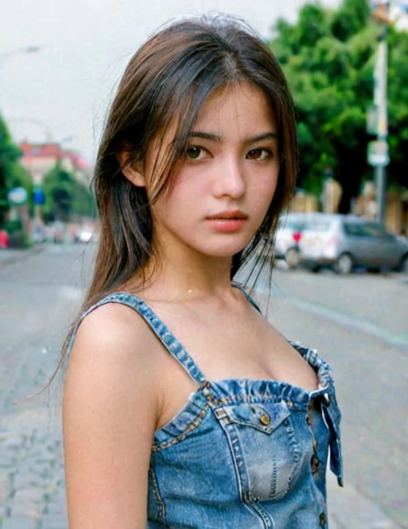 18 years old girl, (extreme detailed face, detailed skin), upper body, jeans, street, outdoor,