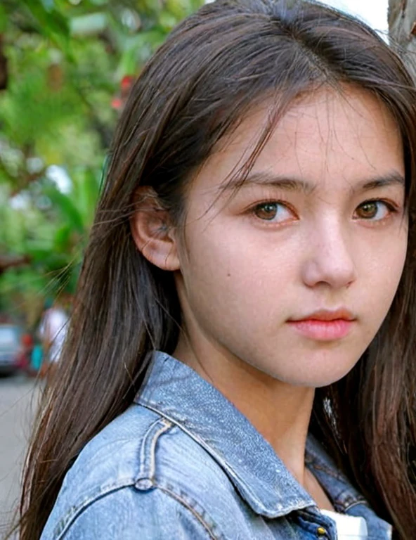 18 years old girl, (extreme detailed face, detailed skin), upper body, jeans, street, outdoor,