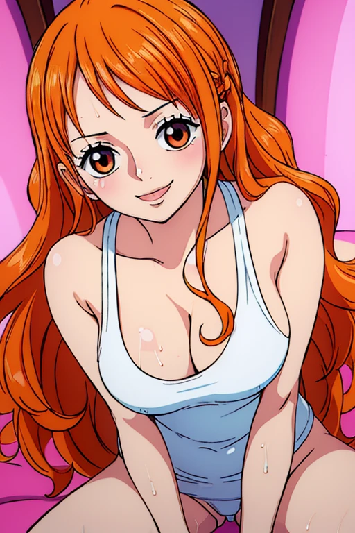 (((masterpiece))), (((best quality))), ((ultra-detailed)), (highly detailed CG illustration), Nami, (nsfw:1.2), (masterpiece:1.5), Detailed Photo, Smiling, Sexy, (Best Quality: 1.4), (1girl), Beautiful Face, (Orange Hair, long Hair: 1.3), Beautiful Hairstyle, beautiful detail eyes, (realistic skin), beautiful skin, absurd, attractive, ultra high resolution, high definition, (sexually aroused:1.5), Pinkish white skin, cool white light, sexy pose, Beautiful , white background, pink soft white light, Wear a white tank top,