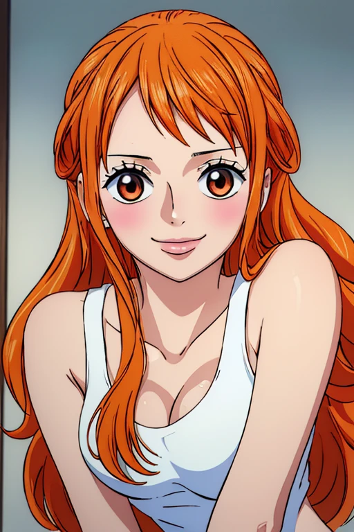 (((masterpiece))), (((best quality))), ((ultra-detailed)), (highly detailed CG illustration), Nami, (nsfw:1.2), (masterpiece:1.5), Detailed Photo, Smiling, Sexy, (Best Quality: 1.4), (1girl), Beautiful Face, (Orange Hair, long Hair: 1.3), Beautiful Hairstyle, beautiful detail eyes, (realistic skin), beautiful skin, absurd, attractive, ultra high resolution, high definition, (sexually aroused:1.5), Pinkish white skin, cool white light, sexy pose, Beautiful , white background, pink soft white light, Wear a white tank top,