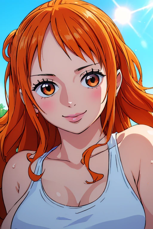 (((masterpiece))), (((best quality))), ((ultra-detailed)), (highly detailed CG illustration), Nami, (nsfw:1.2), (masterpiece:1.5), Detailed Photo, Smiling, Sexy, (Best Quality: 1.4), (1girl), Beautiful Face, (Orange Hair, long Hair: 1.3), Beautiful Hairstyle,  beautiful detail eyes, (realistic skin), beautiful skin, absurd, attractive, ultra high resolution, high definition, (sexually aroused:1.5), Pinkish white skin, cool white light, sexy pose, Beautiful , white background, pink soft white light, Wear a white tank top,