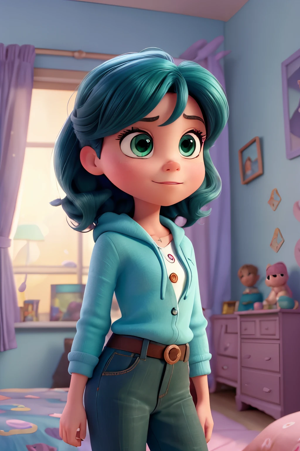 une affiche de film de style Disney Pixar avec le titre ("L'amour d'une seule touche"). (L'amour d'une seule touche. Fille dans sa chambre en vêtements noirs, Cheveux Bruns Cheveux Mi-longs, dark green eyes and big lips, Christine assise sur le lit ) la scène doit être réalisée dans le style d'iconic Pixar digital art, en mettant l'accent sur les expressions symboliques, Bright colors and detailed textures, Specific to animations, avec titre ( Son amour )
