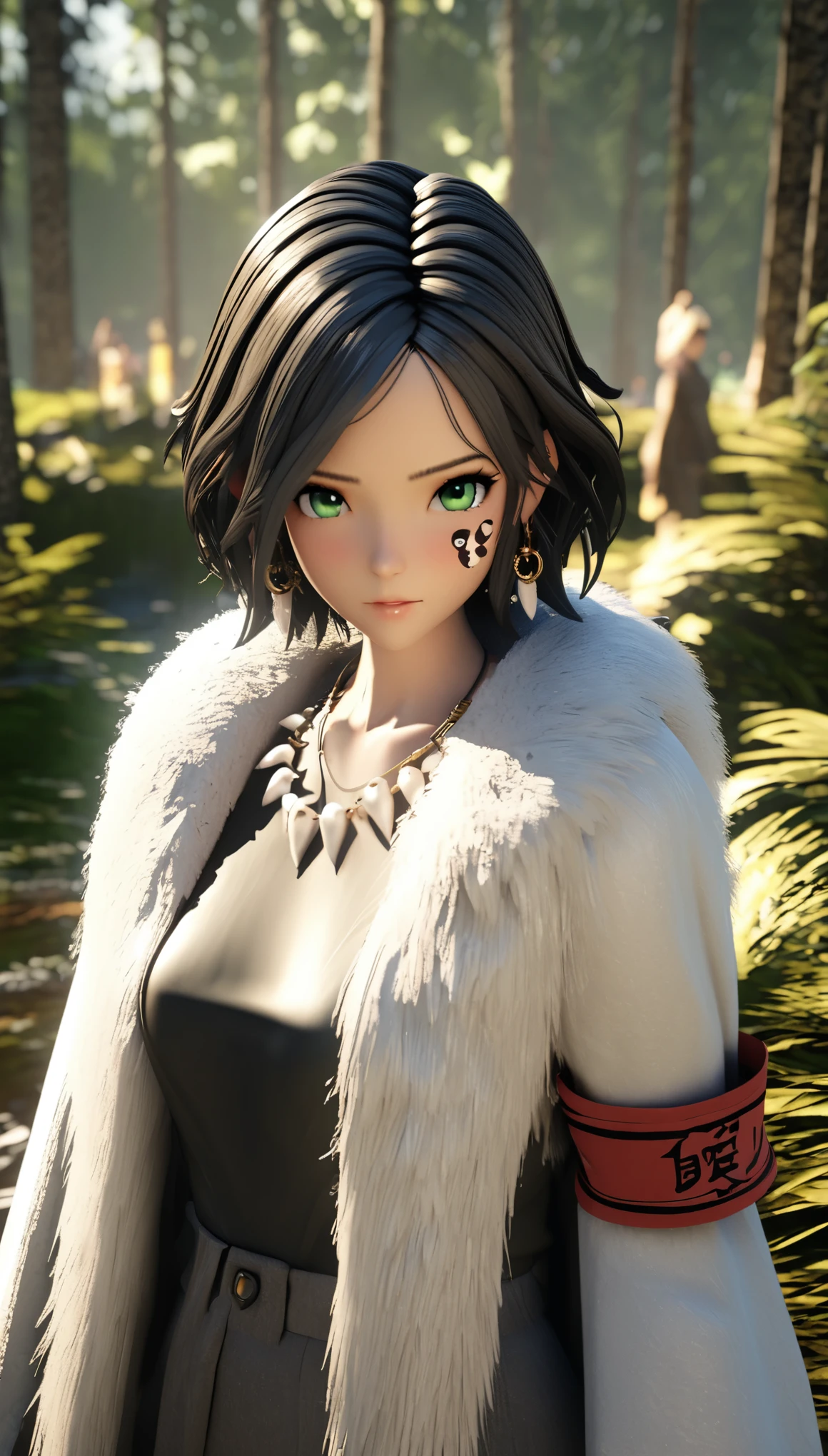 MJ3D style,3 minutes rice,3d,(masterpiece, best quality:1.1), Ghibli style, mulberry (Ghost Princess), 1 girl, armband, Bangs, black hair, black undershirt, breast, cape, a roundabout, earrings, face painting, flowing hair, forest, fur cape, green eyes, jewelry, looking at the audience, medium breast, nature, necklace, outdoor, parted Bangs, shirt, short hair, sleeveless, sleeveless shirt, alone, tooth necklace, Tree, Upper body, white shirt