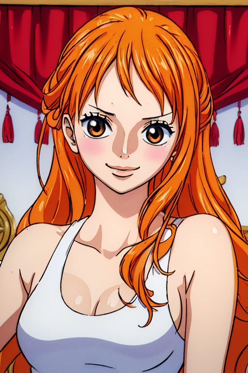 (((masterpiece))), (((best quality))), ((ultra-detailed)), (highly detailed CG illustration), Nami, (nsfw:1.2), (masterpiece:1.5), Detailed Photo, Smiling, Sexy, (Best Quality: 1.4), (1girl), Beautiful Face, (Orange Hair, long Hair: 1.3), Beautiful Hairstyle,  beautiful detail eyes, (realistic skin), beautiful skin, absurd, attractive, ultra high resolution, high definition, (sexually aroused:1.5), Pinkish white skin, cool white light, sexy pose, Beautiful , white background, pink soft white light, Wear a white tank top,