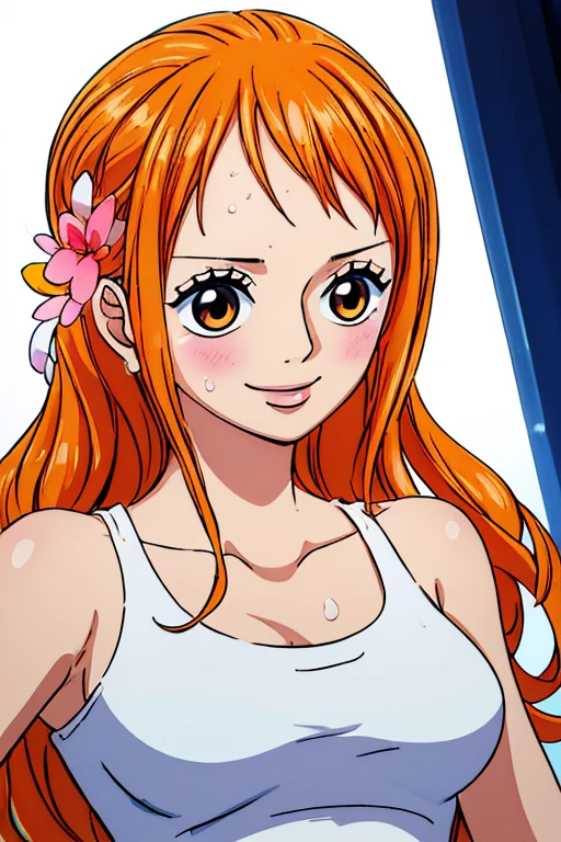 (((masterpiece))), (((best quality))), ((ultra-detailed)), (highly detailed CG illustration), Nami, (nsfw:1.2), (masterpiece:1.5), Detailed Photo, Smiling, Sexy, (Best Quality: 1.4), (1girl), Beautiful Face, (Orange Hair, long Hair: 1.3), Beautiful Hairstyle,  beautiful detail eyes, (realistic skin), beautiful skin, absurd, attractive, ultra high resolution, high definition, (sexually aroused:1.5), Pinkish white skin, cool white light, sexy pose, Beautiful , white background, pink soft white light, Wear a white tank top,