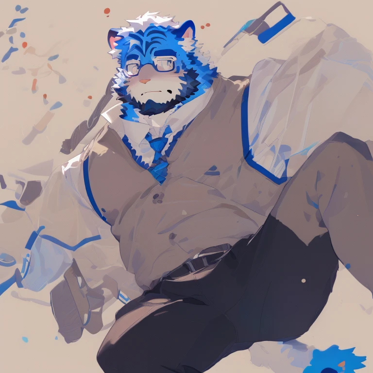 02:15:55
A furry humanoid blue cat. He wears a gray sweater with a paw logo, he also wears brown shorts, Its paws are showing.