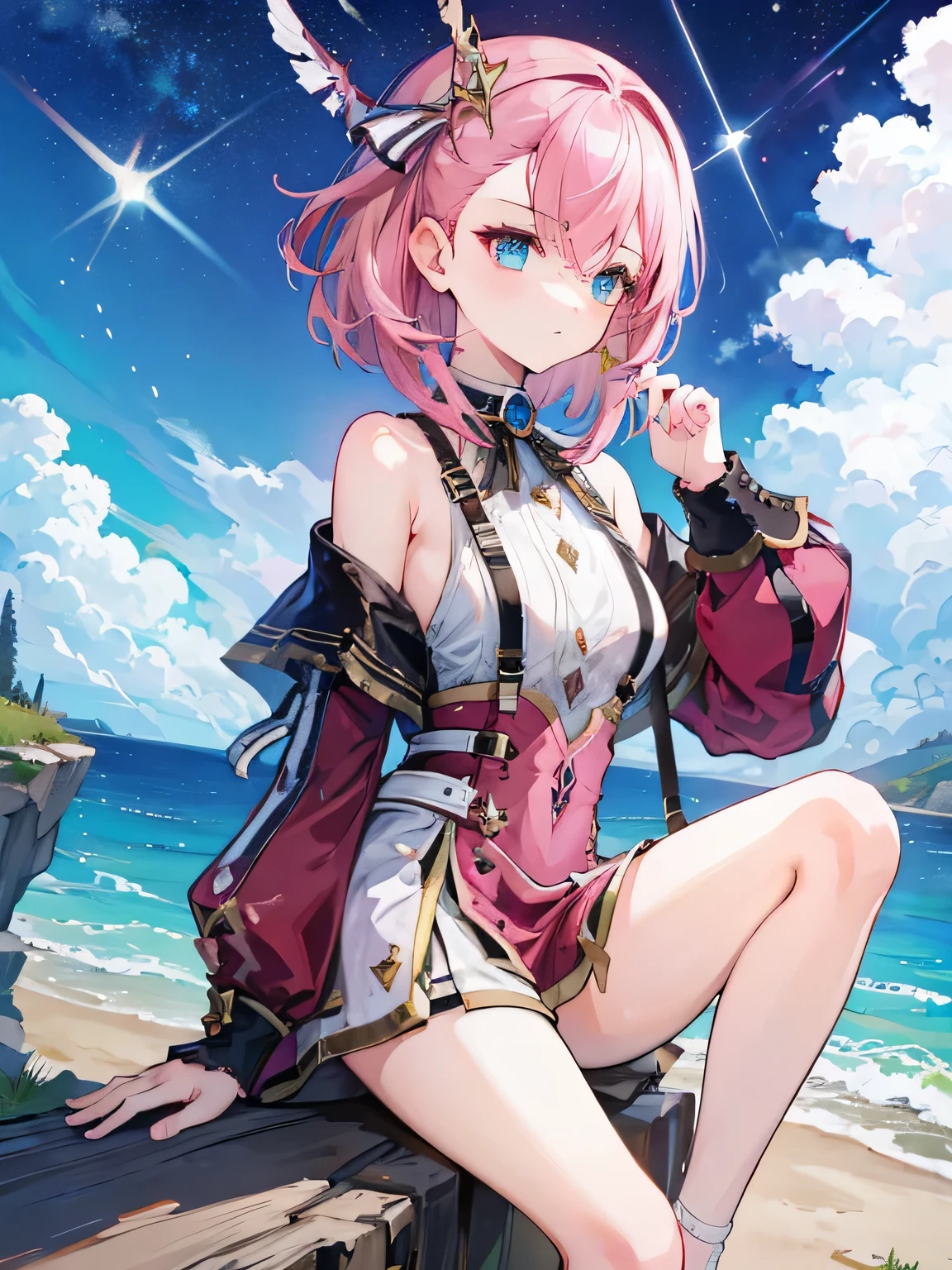 1 girl,pink hair,Sitting on a cliff,Hair blown by the breeze,Looking into the distance,meteor,Milky Way,front Photo,accurate finger,Legs dangling in the air,spread legs,best masterpiece,at last