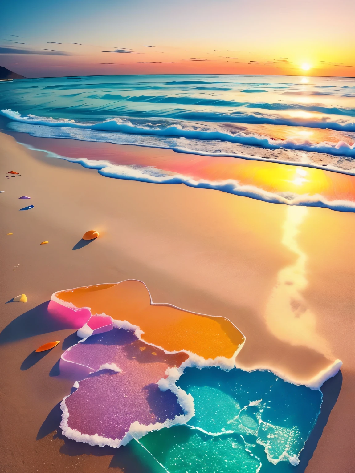 The beach is covered with colorful, transparent and smooth crystals:1.5,A truly enchanting beach sunset,the sky turns orange,pink and yellow。the sea is crystal clear,kiss the shore gently,White sand beach as far as the eye can see。The scene is full of movement,breathtaking,palm trees sway gently。Immerse yourself in the calm atmosphere,May peace surround you。
