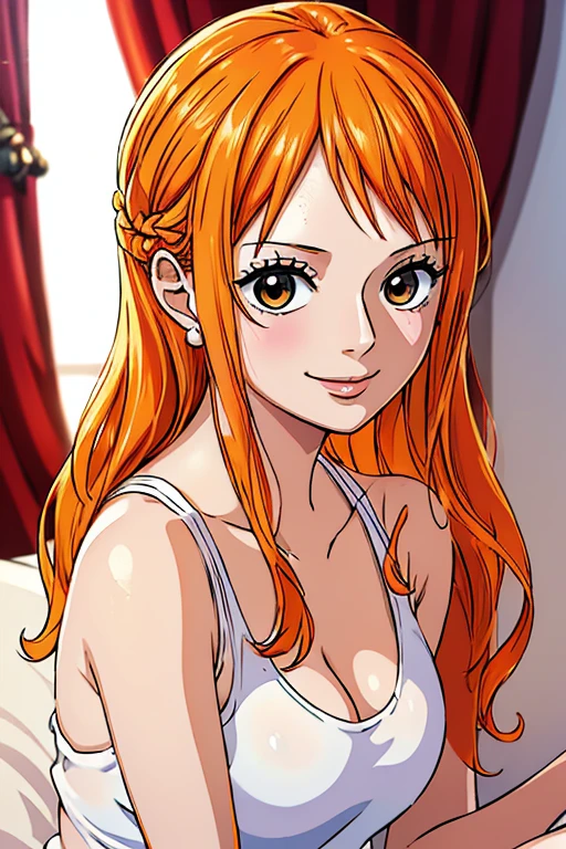 (((masterpiece))), (((best quality))), ((ultra-detailed)), (highly detailed CG illustration), Nami, (nsfw:1.2), (masterpiece:1.5), Detailed Photo, Smiling, Sexy, (Best Quality: 1.4), (1girl), Beautiful Face, (Orange Hair, long Hair: 1.3), Beautiful Hairstyle,  beautiful detail eyes, (realistic skin), beautiful skin, absurd, attractive, ultra high resolution, high definition, (sexually aroused:1.5), Pinkish white skin, cool white light, sexy pose, Beautiful , white background, pink soft white light, Wear a white tank top,