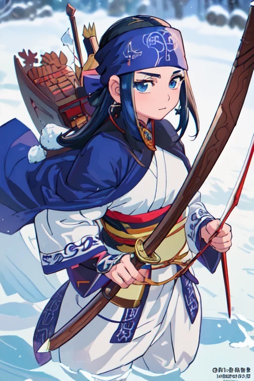 (highest quality, masterpiece, Raw photo,Super detailed:1.2), a close up of a person with a sword, inspired by Nishikawa Sukenobu, pixiv contest winner, shin hanga, blue scales. playing in the snow, fragile girl holding an arrow, naranbaatar ganbold, ninja scroll anime style, detailed character art, 2 0 2 2 anime style, wind sorcerer!, hd artwork, maplestory1 girl,alone,looking at the viewer, brave face、 Ainu national costume、asirpa、shooting a bow、