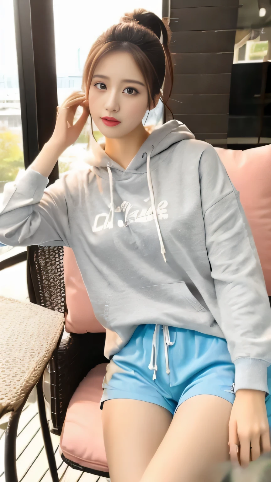 (8K, original photo, best quality, masterpiece), (actual, photo-actual:1.2), Super detailed, 1 girl, Lovely, alone, beautiful detailed sky, Detail of cafe, night, sitting, Dating, dose blush, Keep your mouth shut, beautiful and delicate eyes, wearing a hoodie, dolphin shorts, medium build, flowing hair, long blue hair, girl, feminine, pink eyes, Ultra-fine details, Complex scenes, ambient light, soft light, elegant, symmetrical facial features, precise anatomy, anatomically correct girl, landscape, gossamer, ethereal, whole body, ponytail, Moderate, Moderate, Sensible, big breasts,